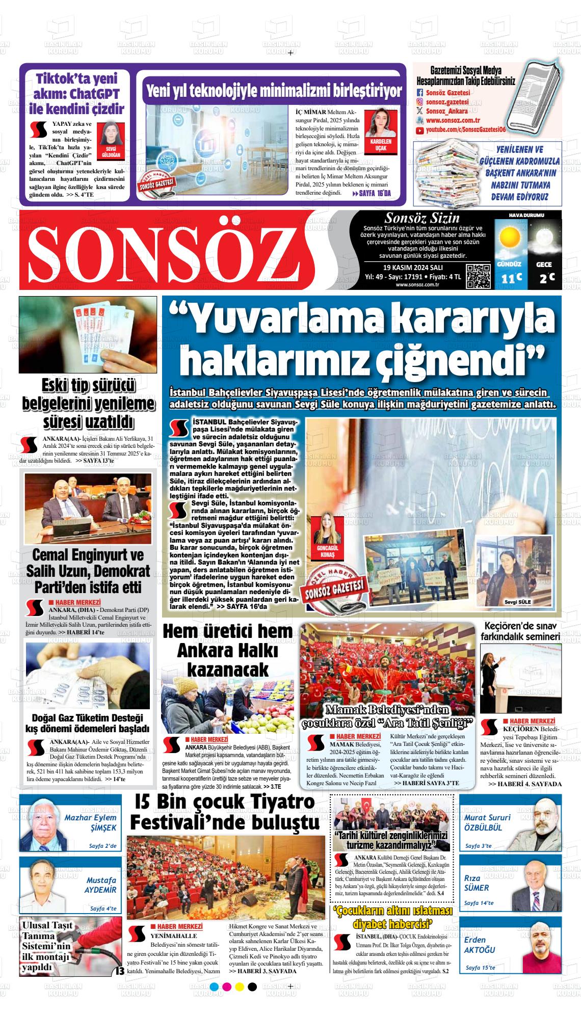 19 Kasım 2024 Ankara Sonsöz Gazete Manşeti