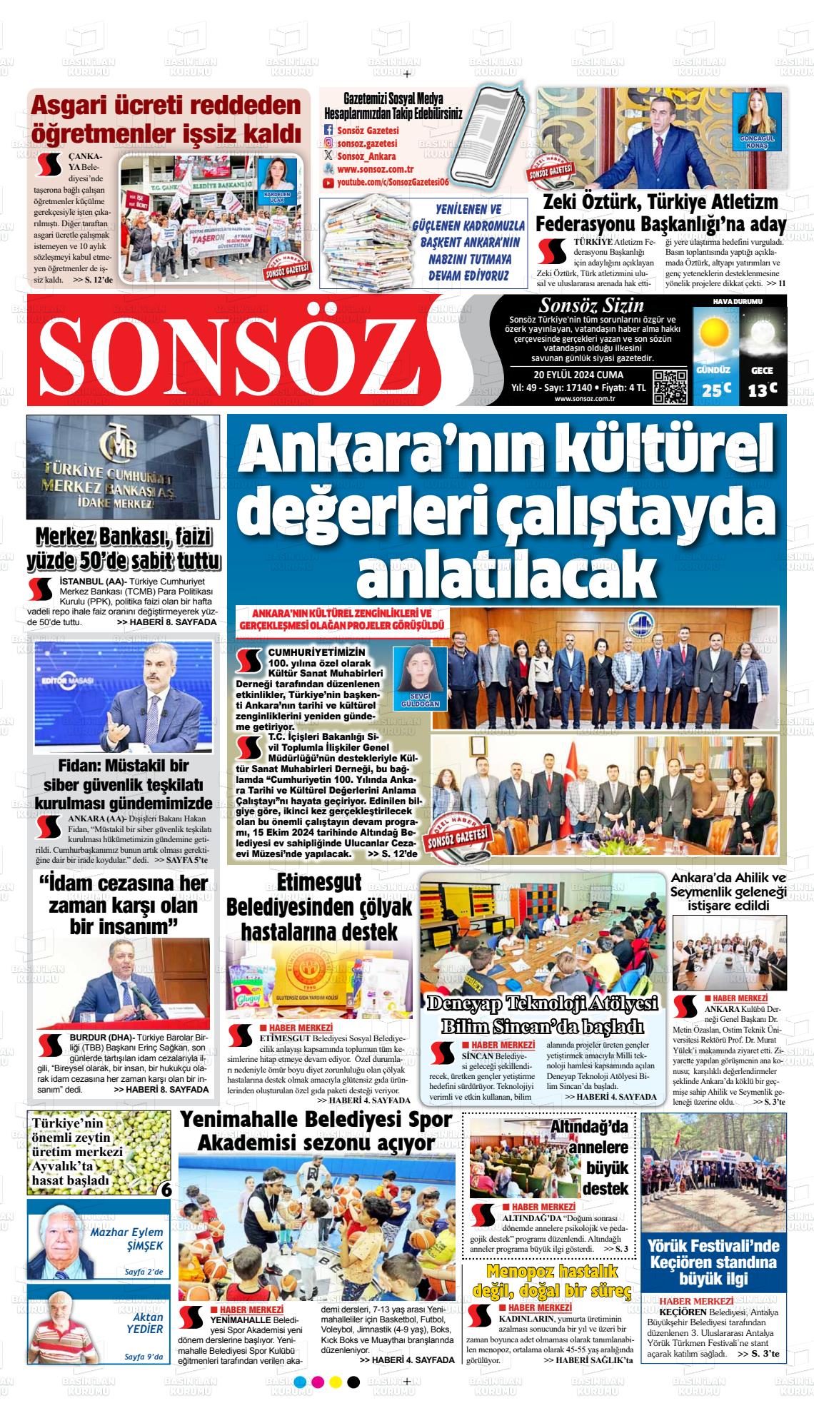 20 Eylül 2024 Ankara Sonsöz Gazete Manşeti