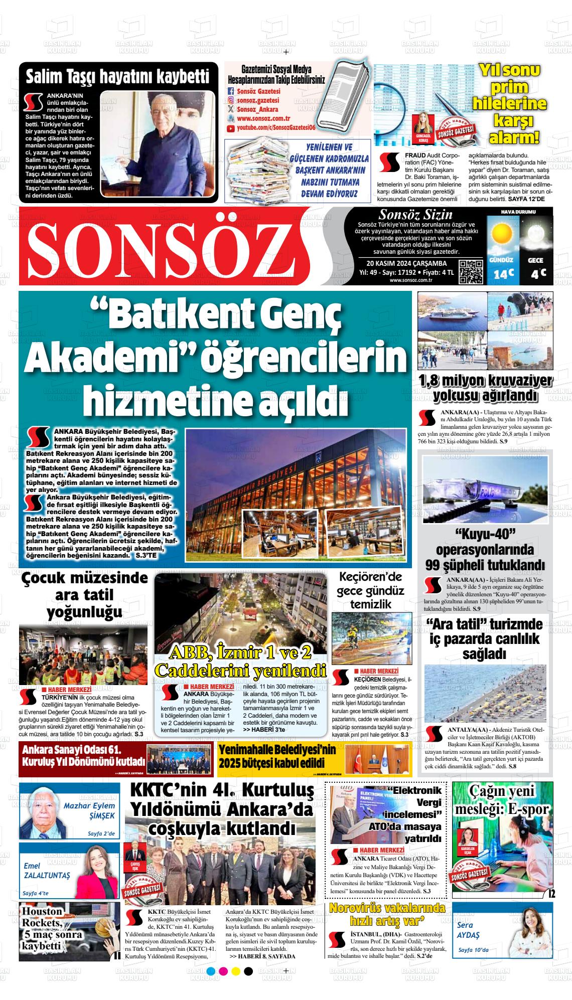 20 Kasım 2024 Ankara Sonsöz Gazete Manşeti