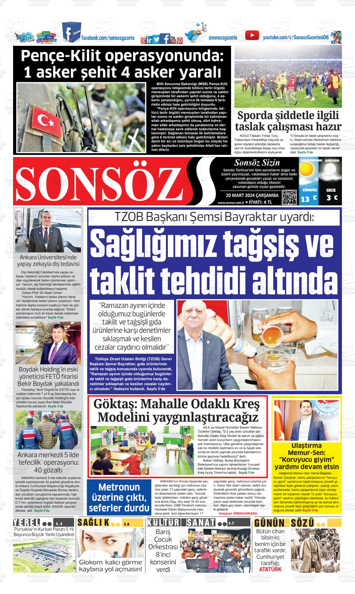 20 Mart 2024 Ankara Sonsöz Gazete Manşeti