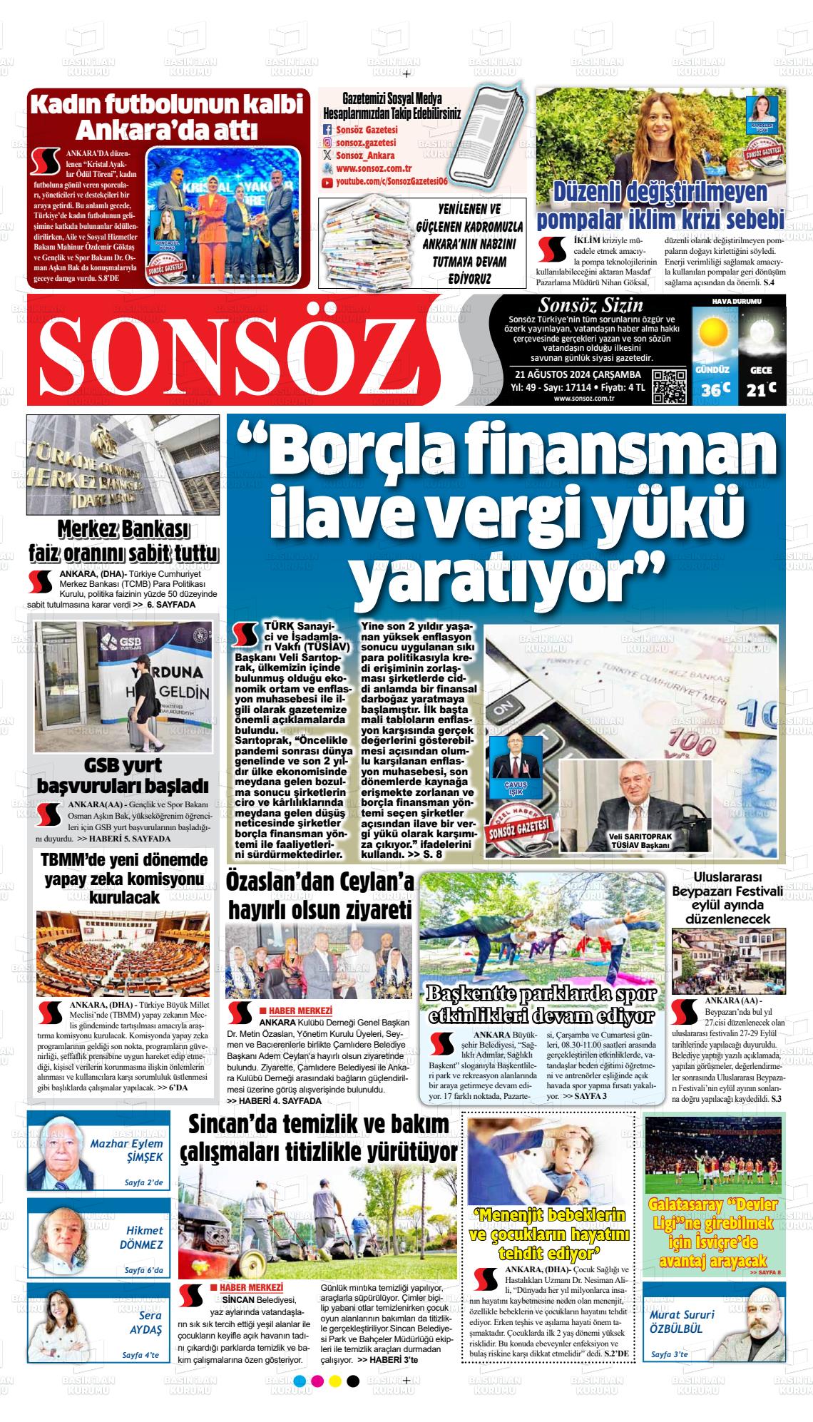 21 Ağustos 2024 Ankara Sonsöz Gazete Manşeti