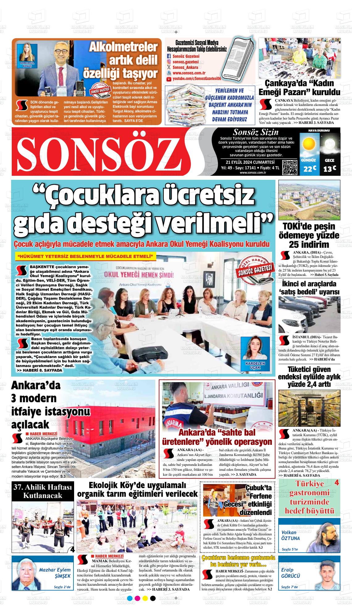 21 Eylül 2024 Ankara Sonsöz Gazete Manşeti