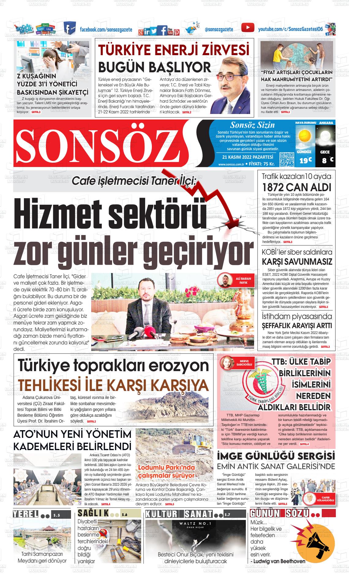 21 Kasım 2022 Ankara Sonsöz Gazete Manşeti