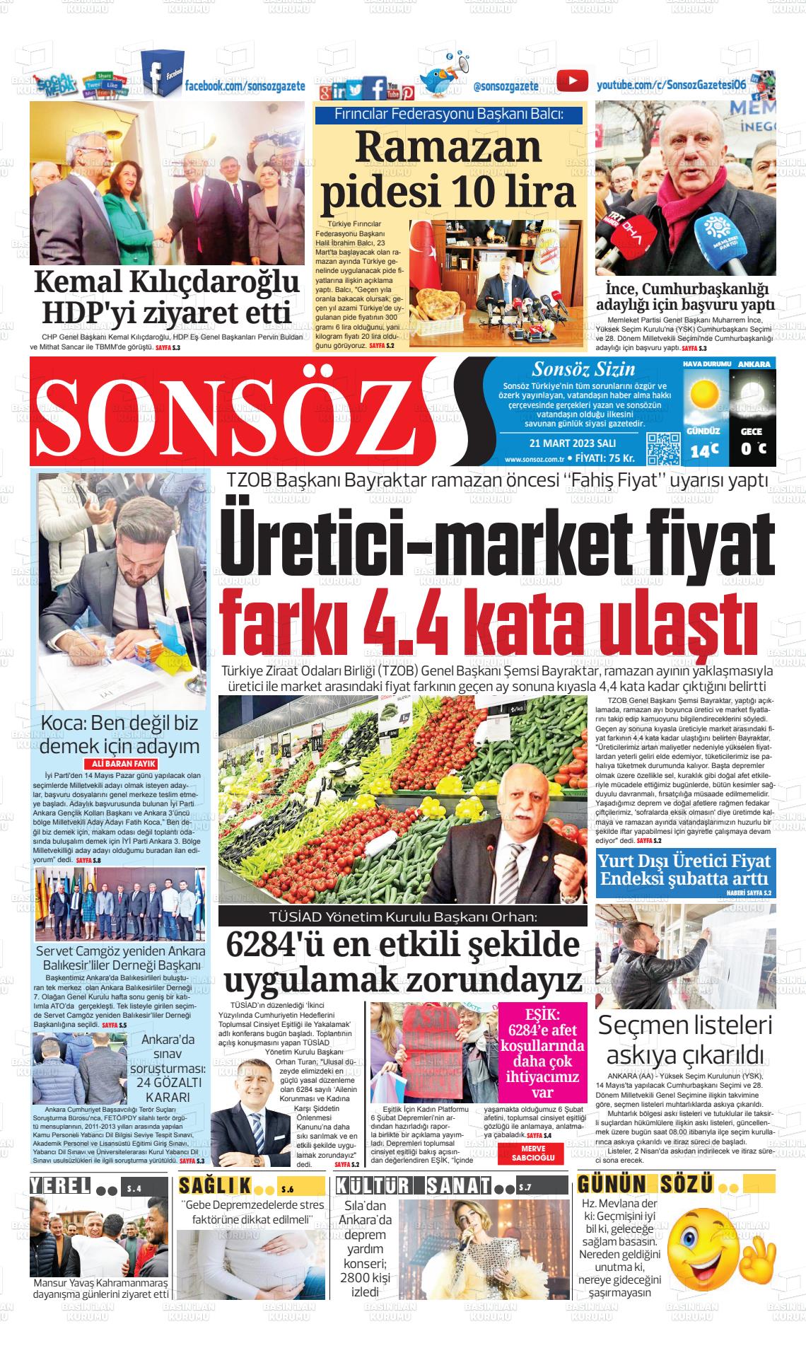 21 Mart 2023 Ankara Sonsöz Gazete Manşeti