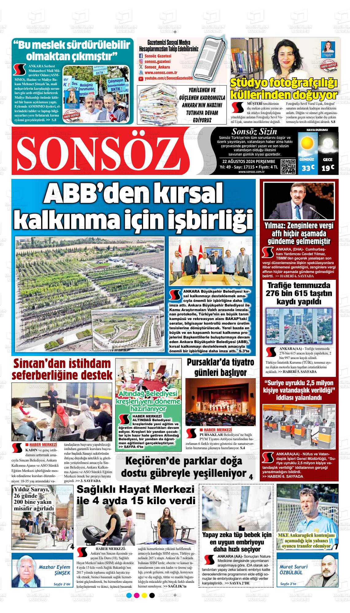 22 Ağustos 2024 Ankara Sonsöz Gazete Manşeti