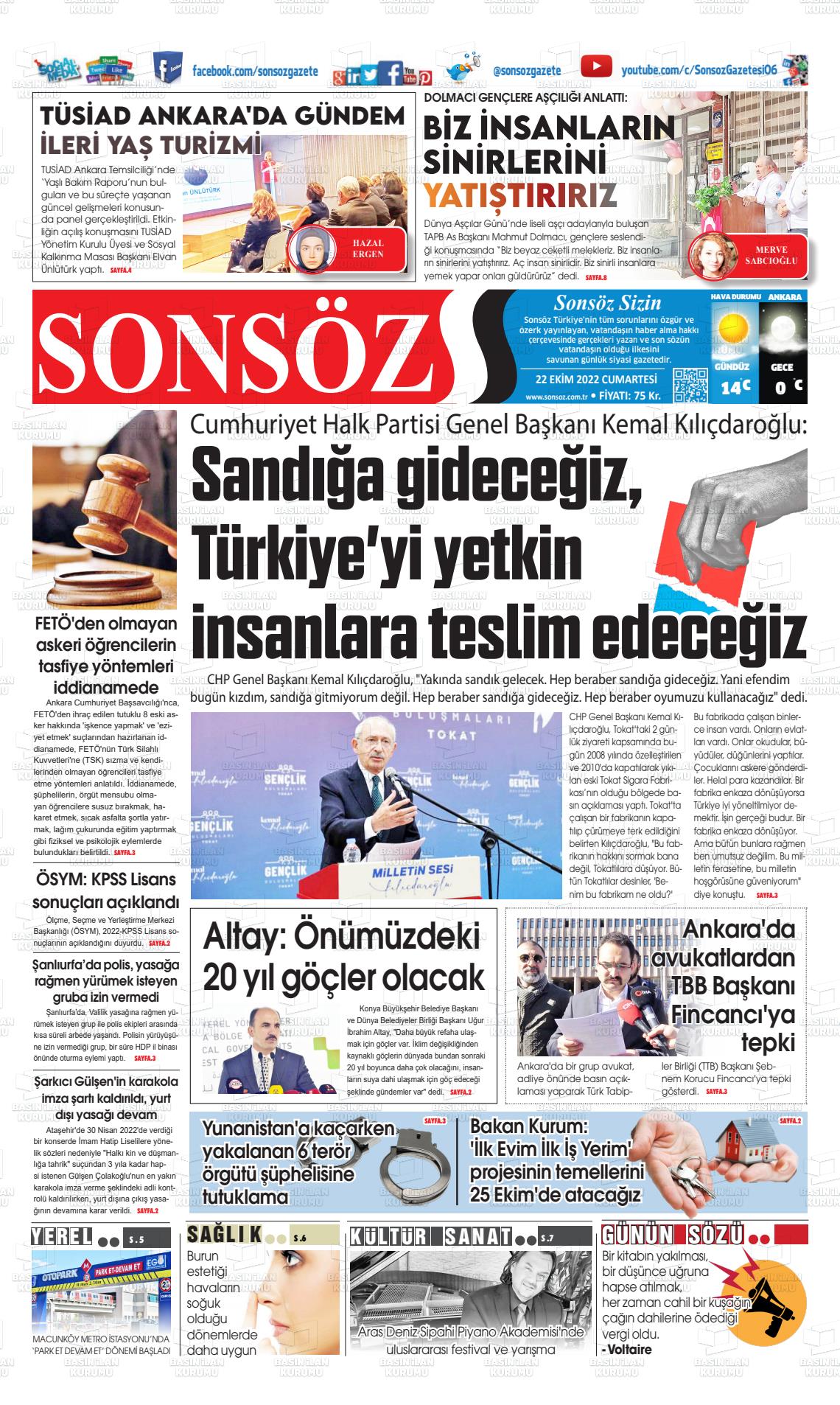 22 Ekim 2022 Ankara Sonsöz Gazete Manşeti