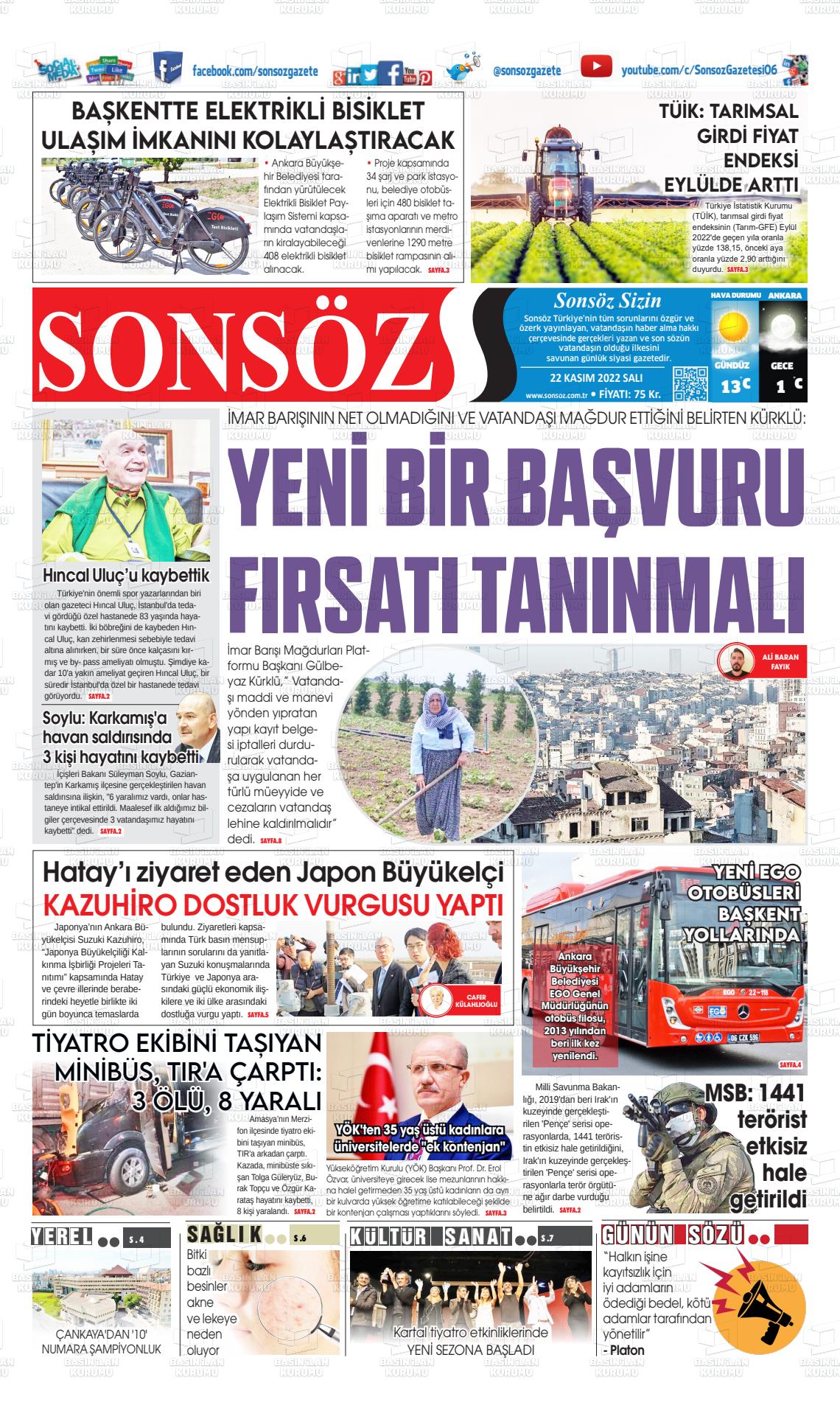 22 Kasım 2022 Ankara Sonsöz Gazete Manşeti