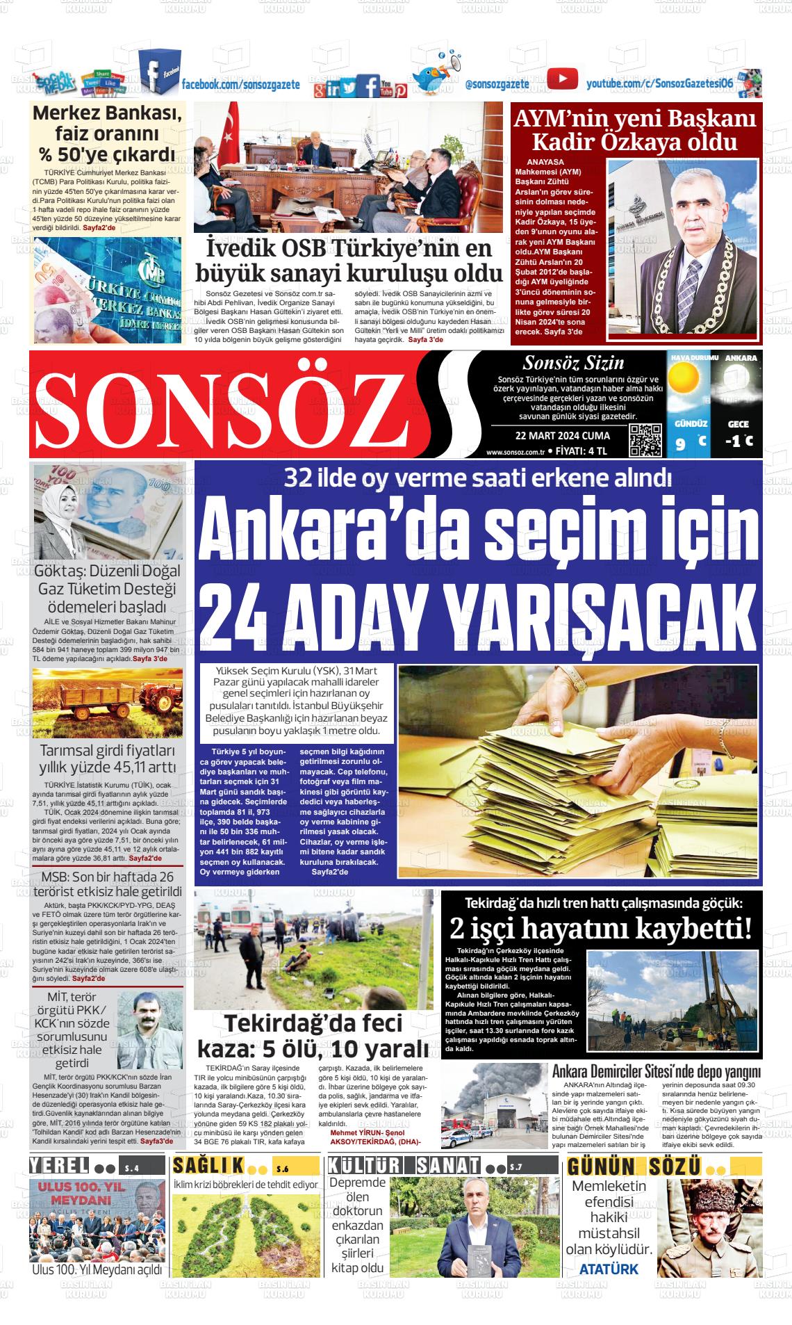 22 Mart 2024 Ankara Sonsöz Gazete Manşeti