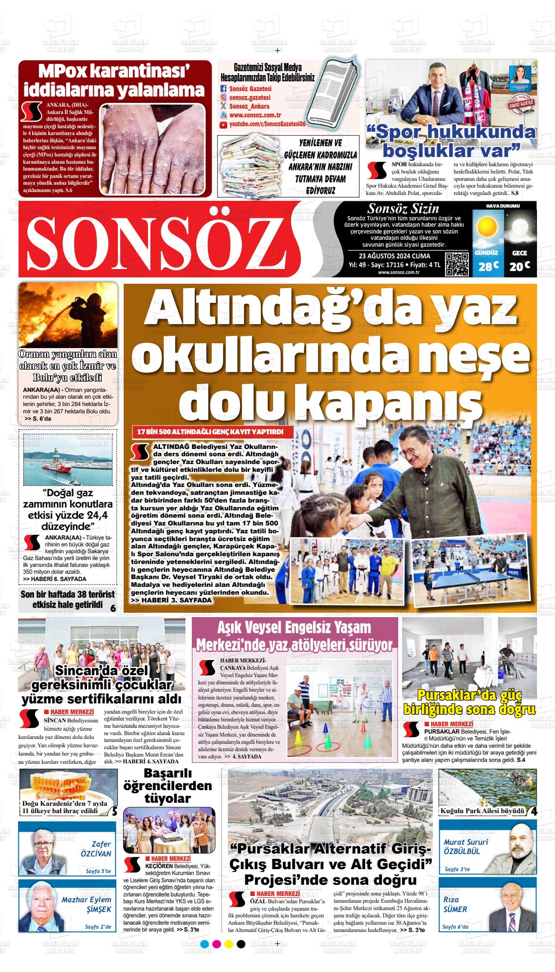 23 Ağustos 2024 Ankara Sonsöz Gazete Manşeti