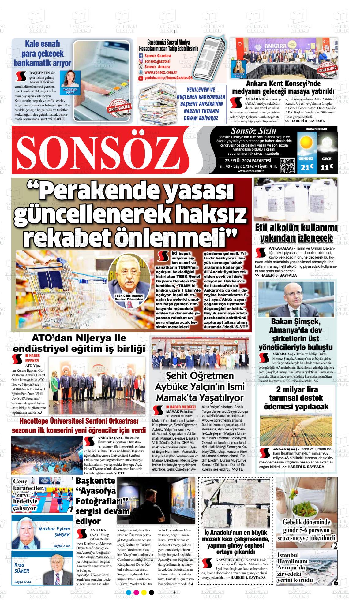 23 Eylül 2024 Ankara Sonsöz Gazete Manşeti