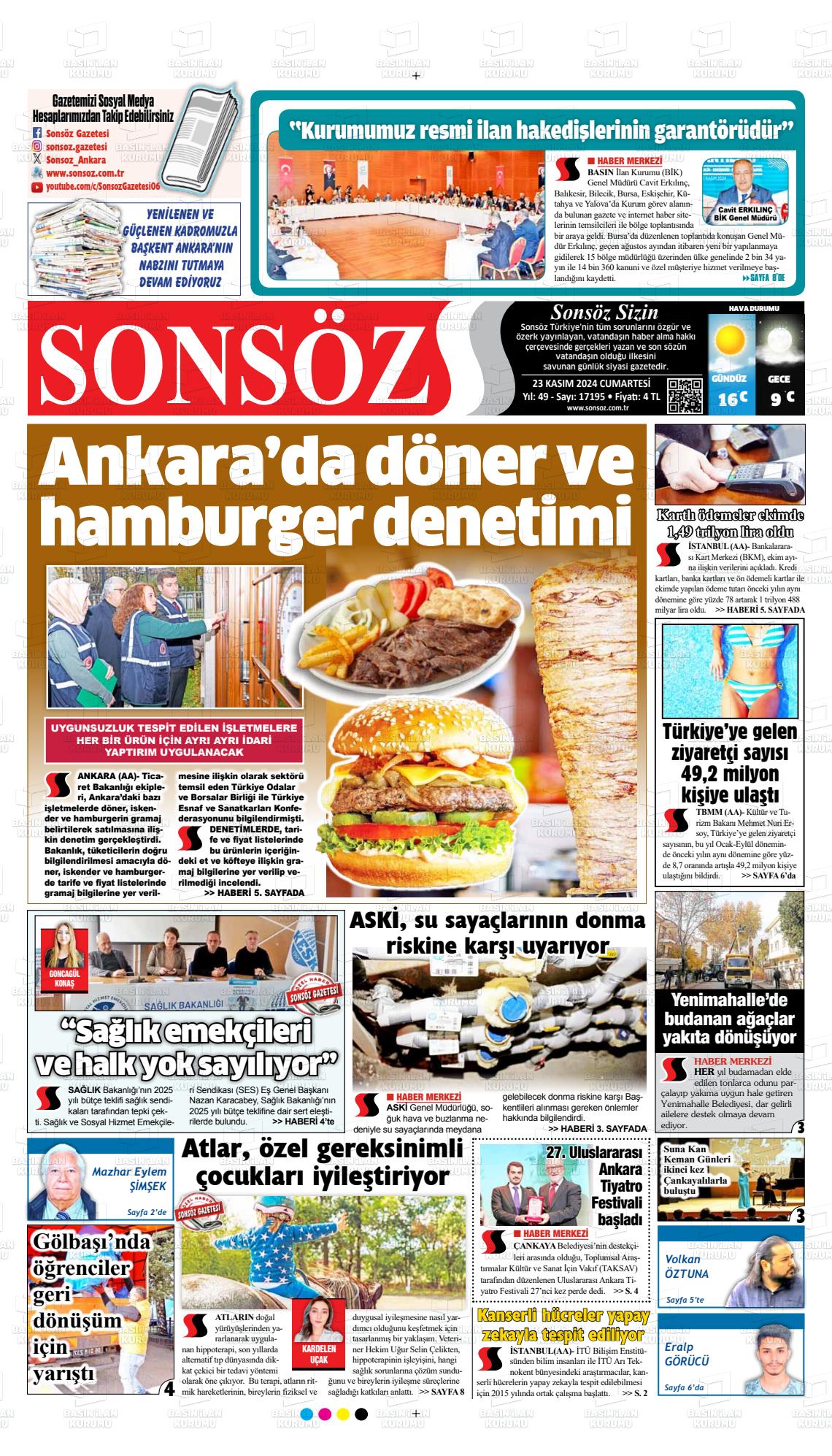 23 Kasım 2024 Ankara Sonsöz Gazete Manşeti