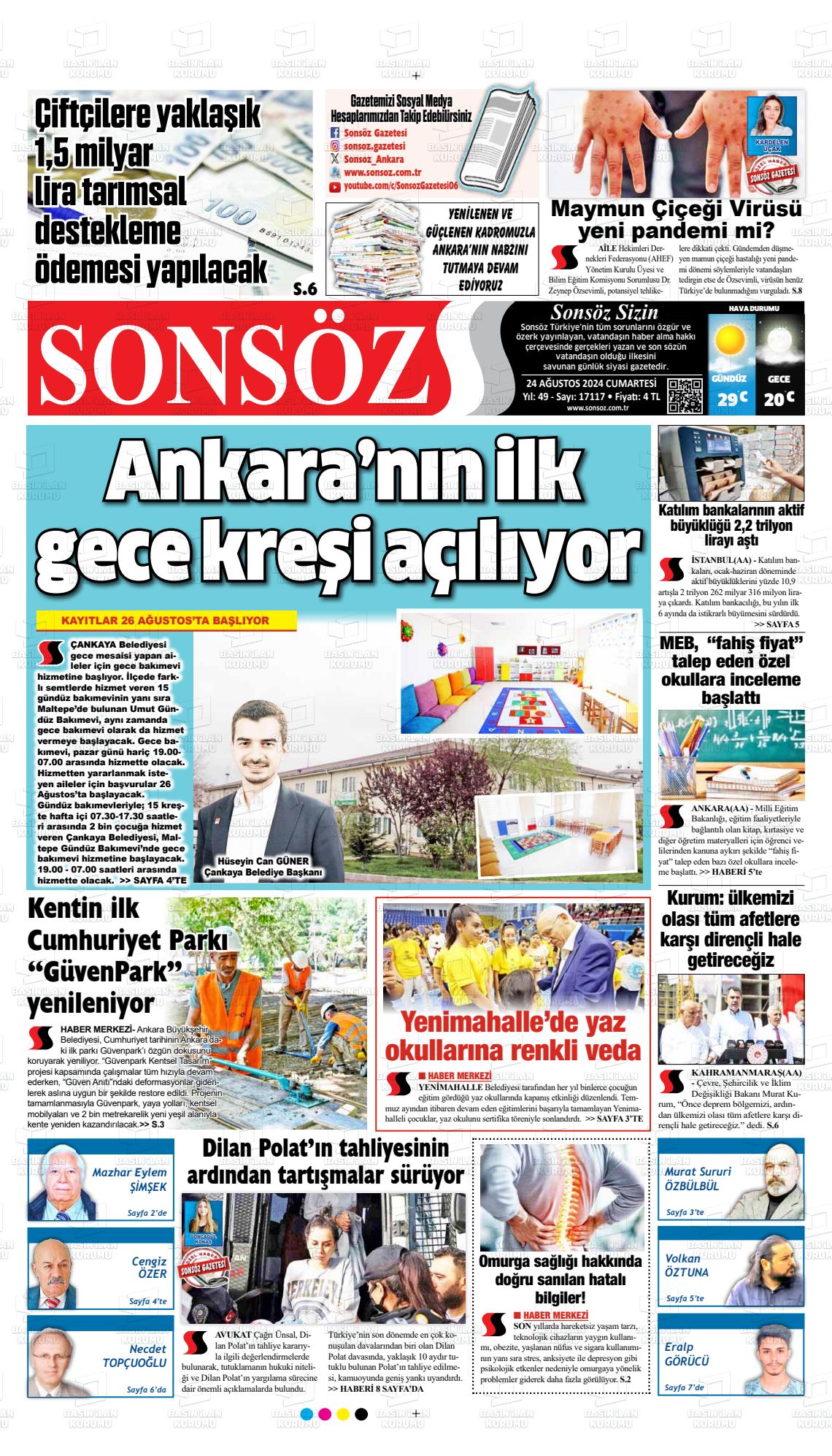 24 Ağustos 2024 Ankara Sonsöz Gazete Manşeti