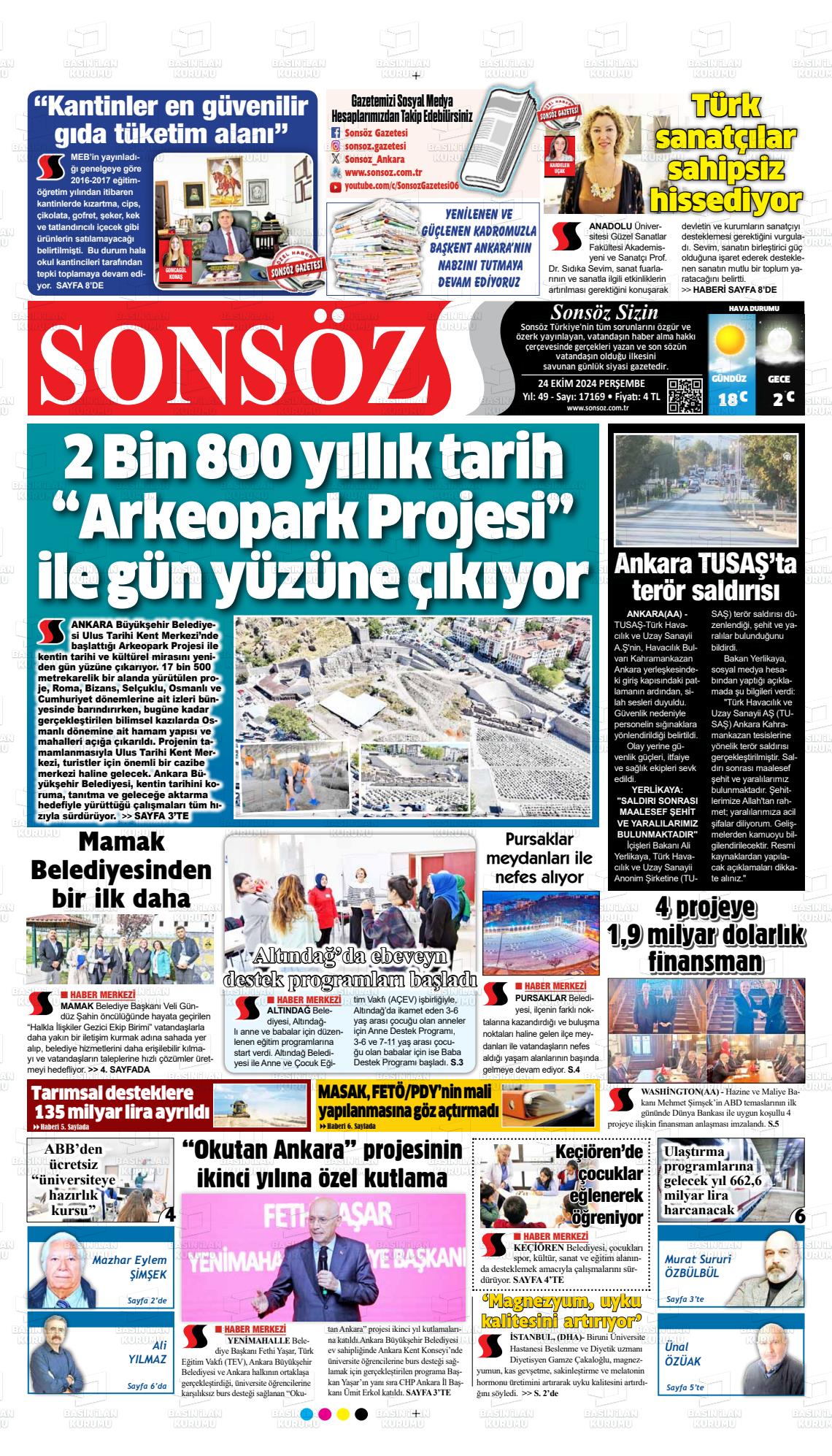 24 Ekim 2024 Ankara Sonsöz Gazete Manşeti