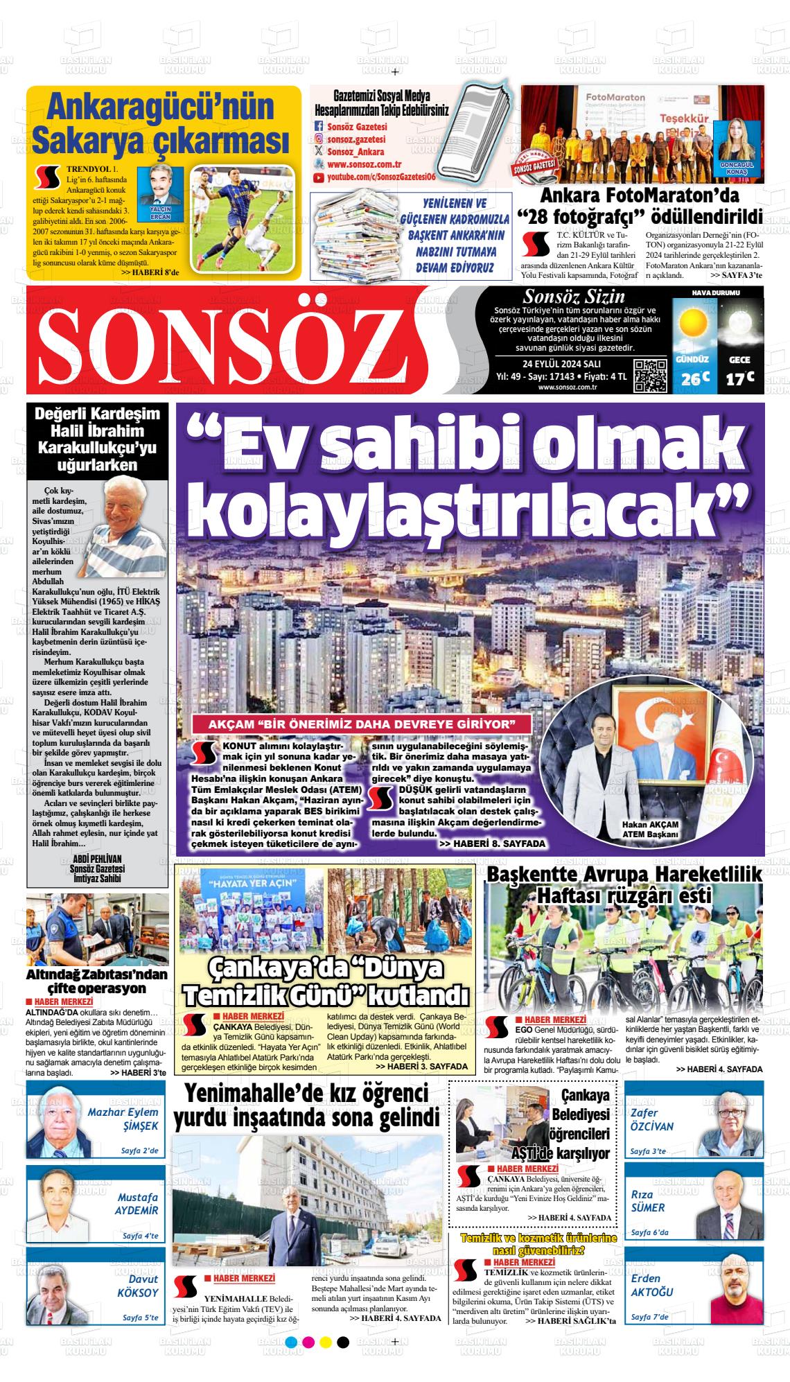 24 Eylül 2024 Ankara Sonsöz Gazete Manşeti