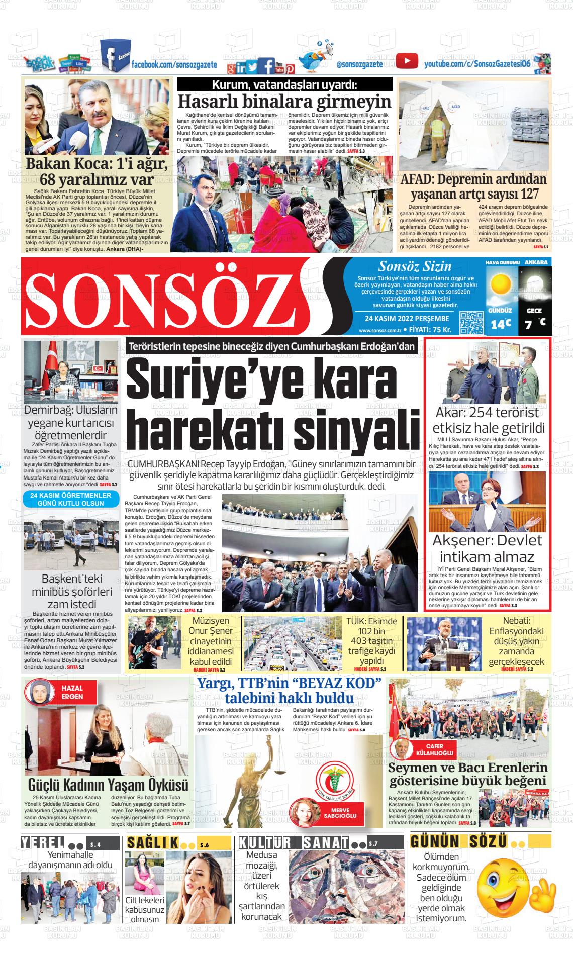 24 Kasım 2022 Ankara Sonsöz Gazete Manşeti