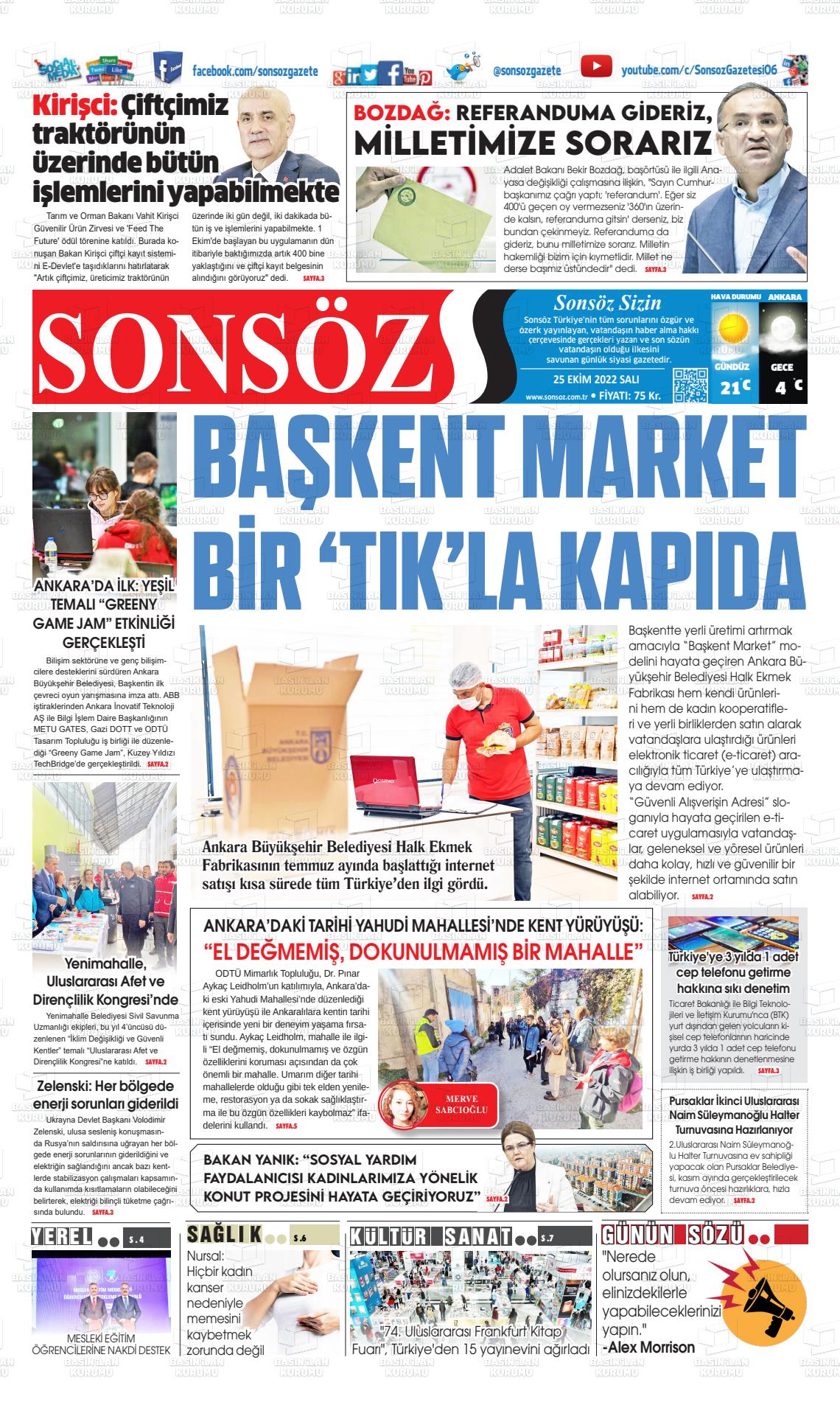 25 Ekim 2022 Ankara Sonsöz Gazete Manşeti