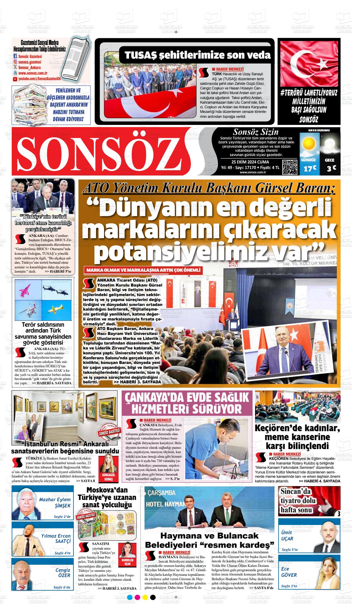 25 Ekim 2024 Ankara Sonsöz Gazete Manşeti