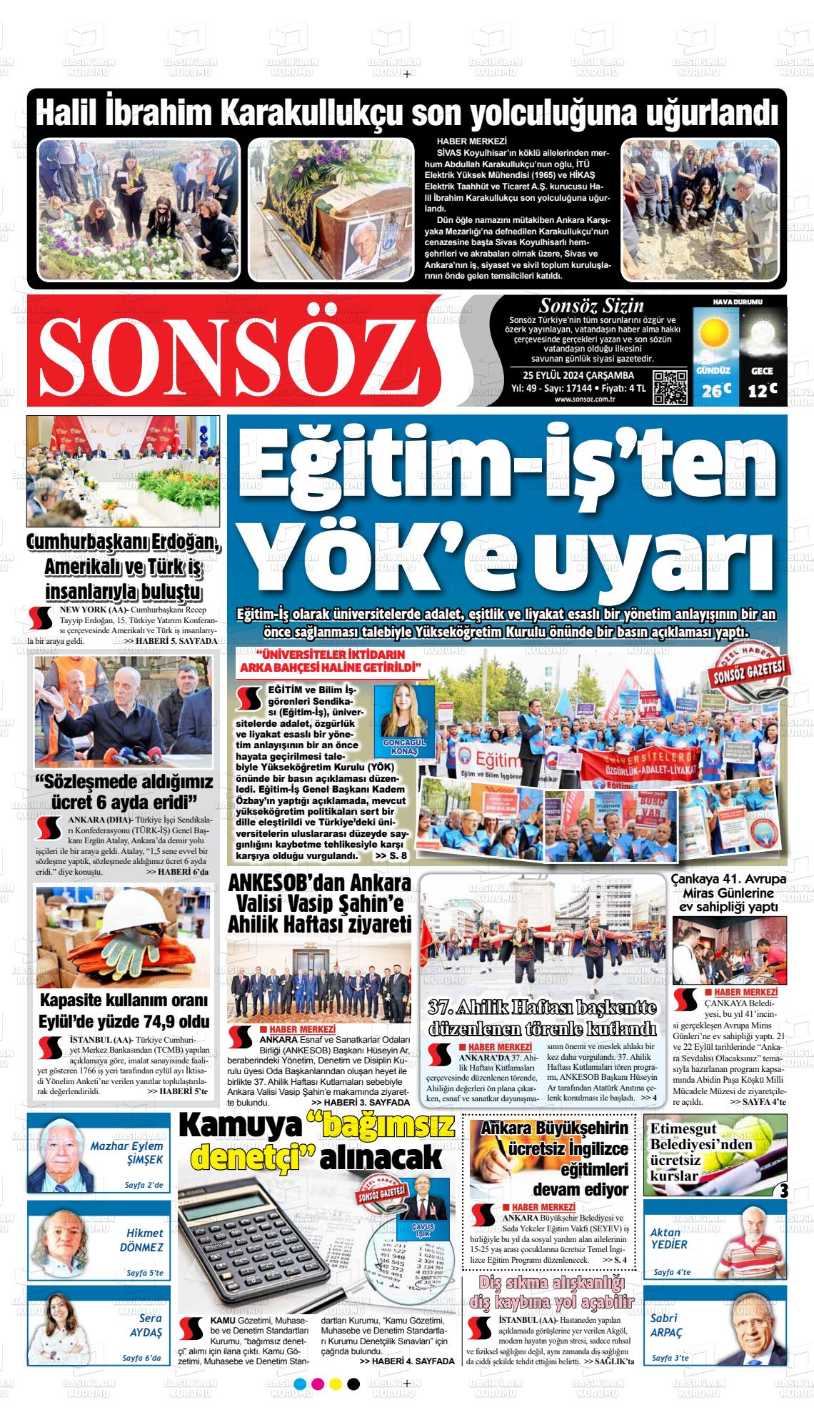 25 Eylül 2024 Ankara Sonsöz Gazete Manşeti