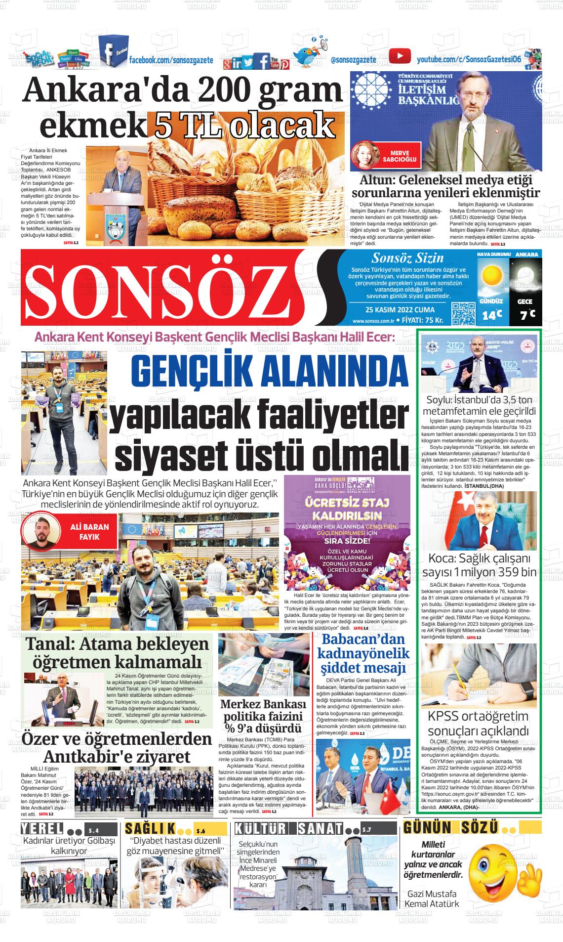 25 Kasım 2022 Ankara Sonsöz Gazete Manşeti