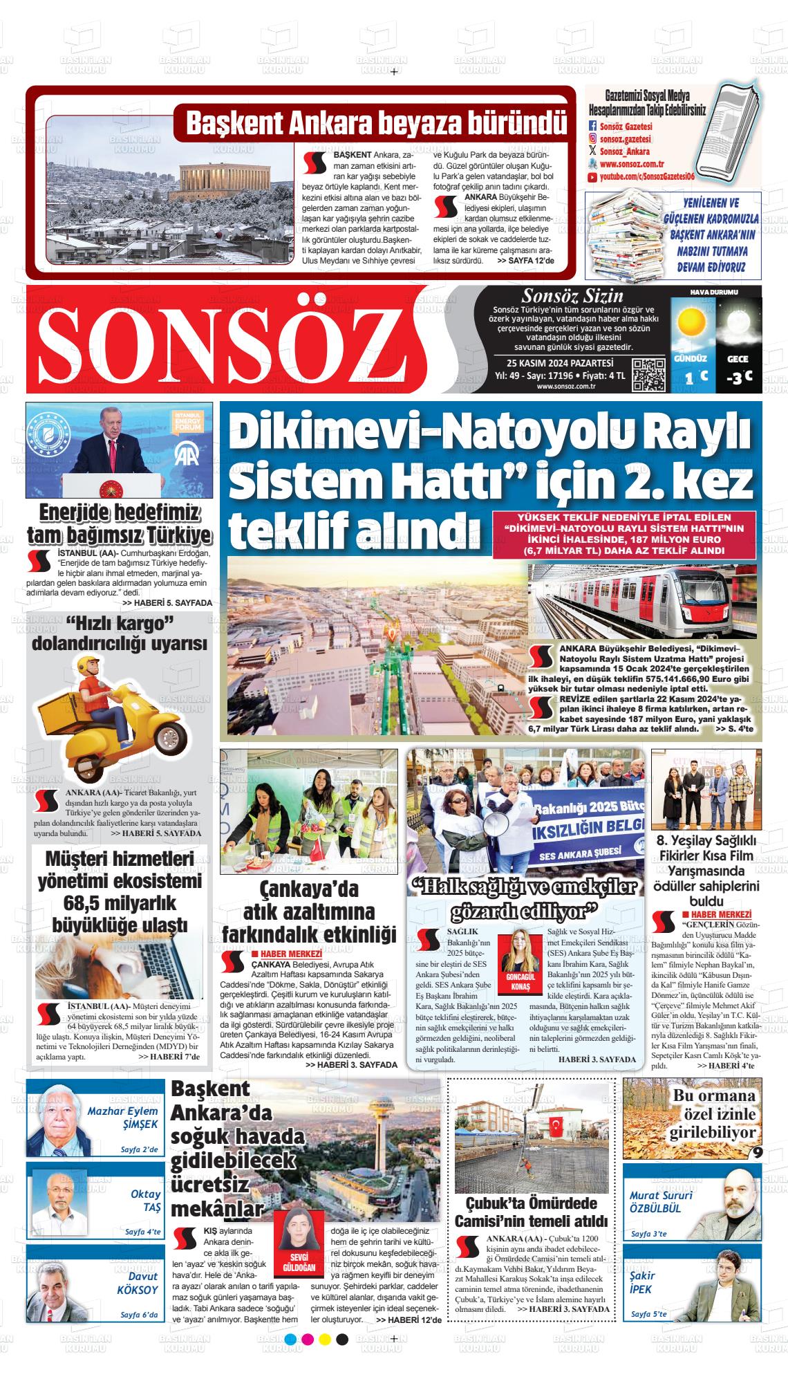 25 Kasım 2024 Ankara Sonsöz Gazete Manşeti