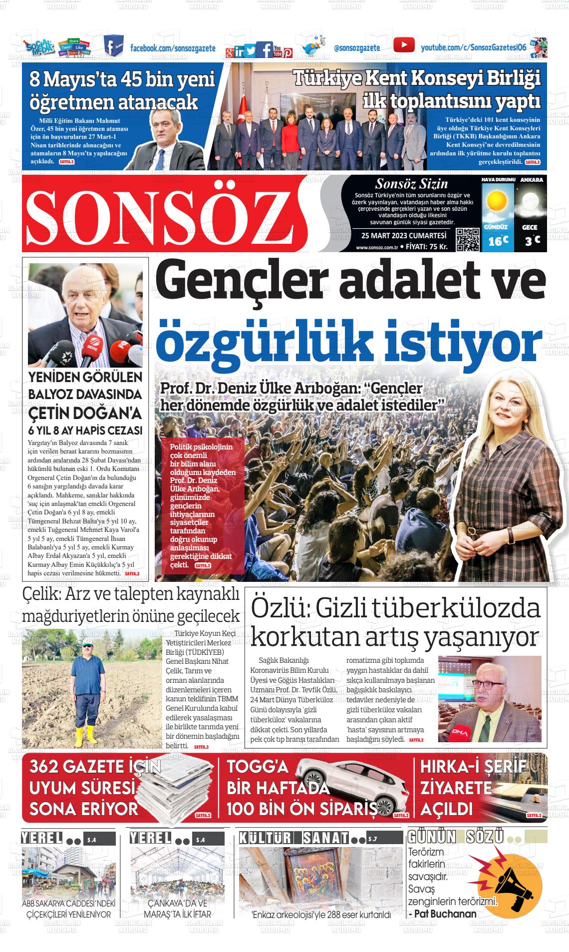 25 Mart 2023 Ankara Sonsöz Gazete Manşeti