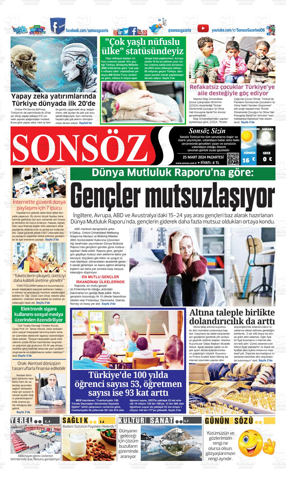 25 Mart 2024 Ankara Sonsöz Gazete Manşeti