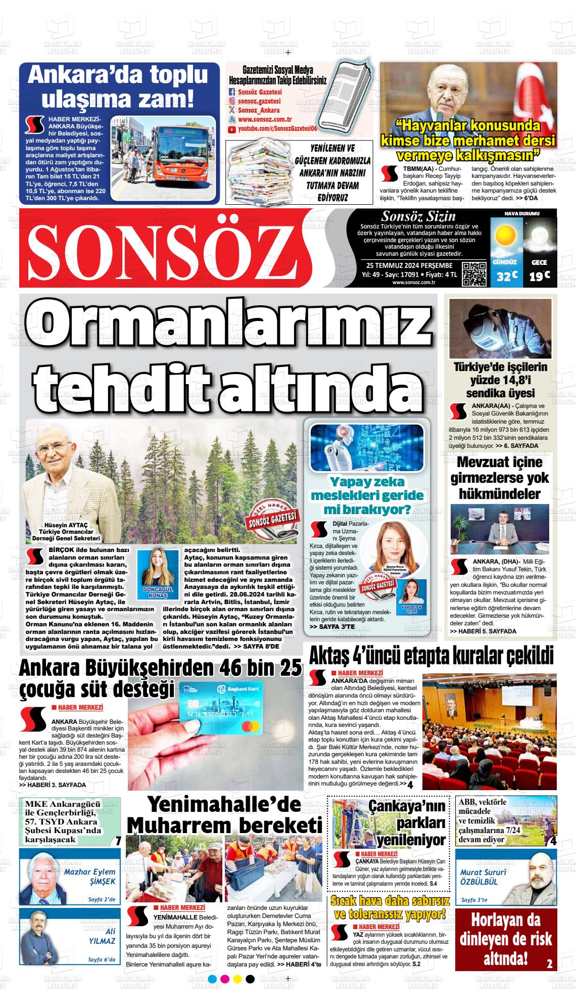 25 Temmuz 2024 Ankara Sonsöz Gazete Manşeti