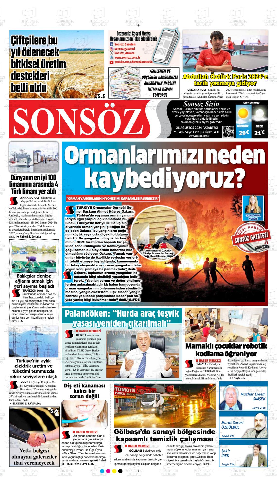 26 Ağustos 2024 Ankara Sonsöz Gazete Manşeti