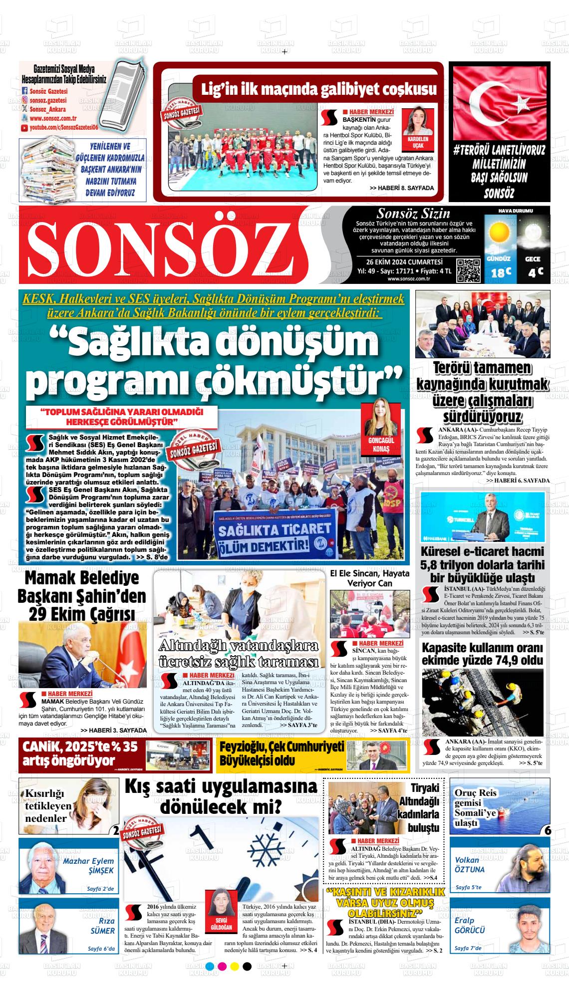 26 Ekim 2024 Ankara Sonsöz Gazete Manşeti