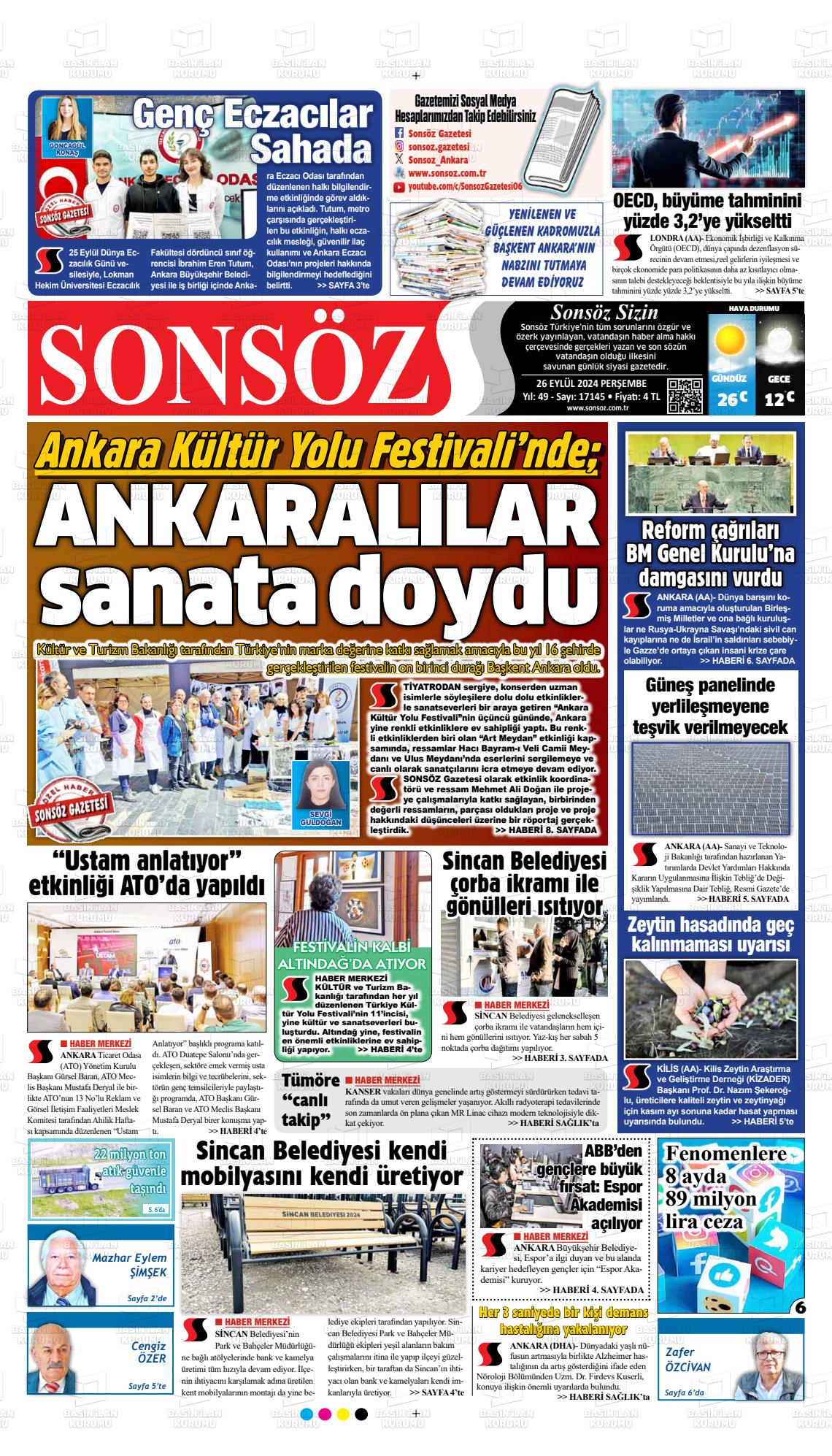 26 Eylül 2024 Ankara Sonsöz Gazete Manşeti