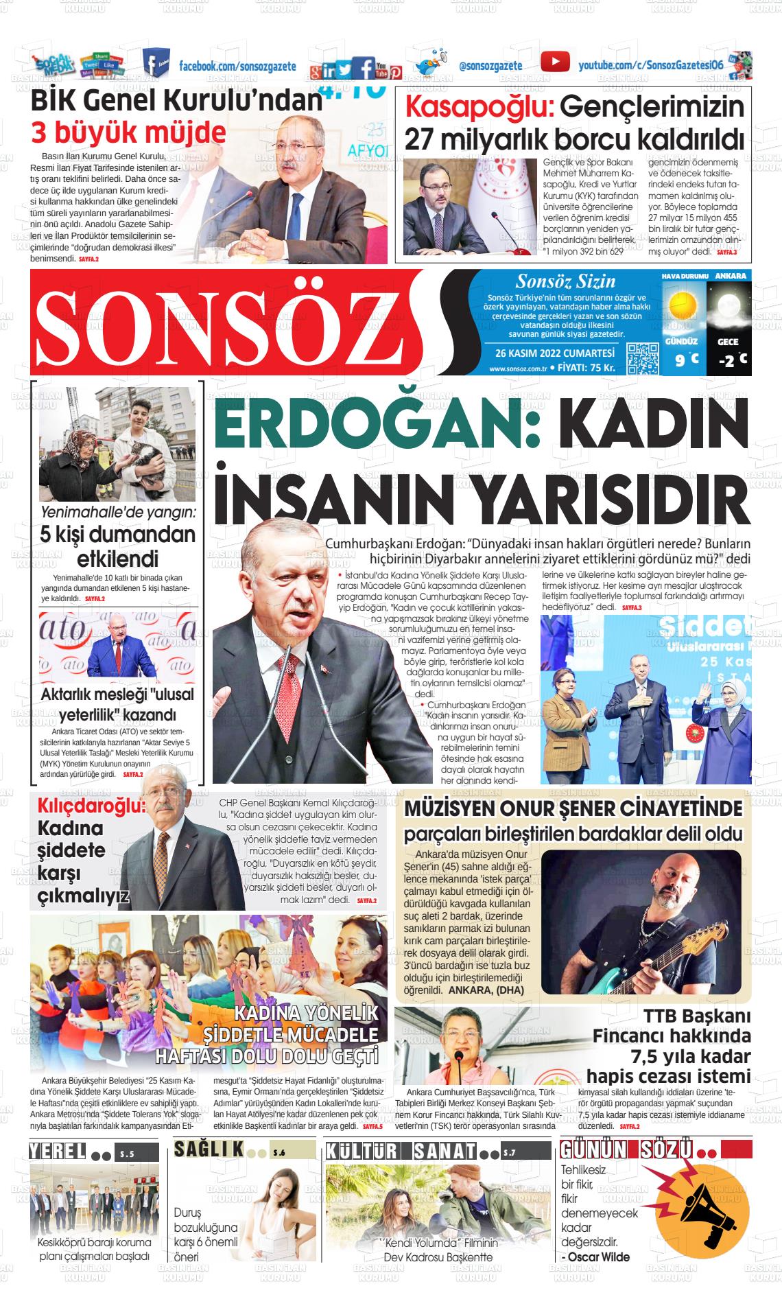 26 Kasım 2022 Ankara Sonsöz Gazete Manşeti