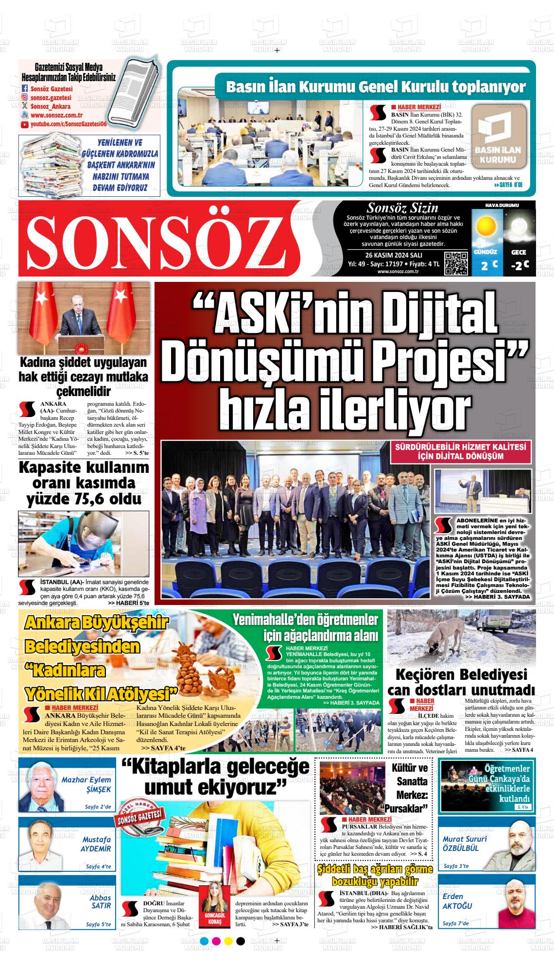 26 Kasım 2024 Ankara Sonsöz Gazete Manşeti