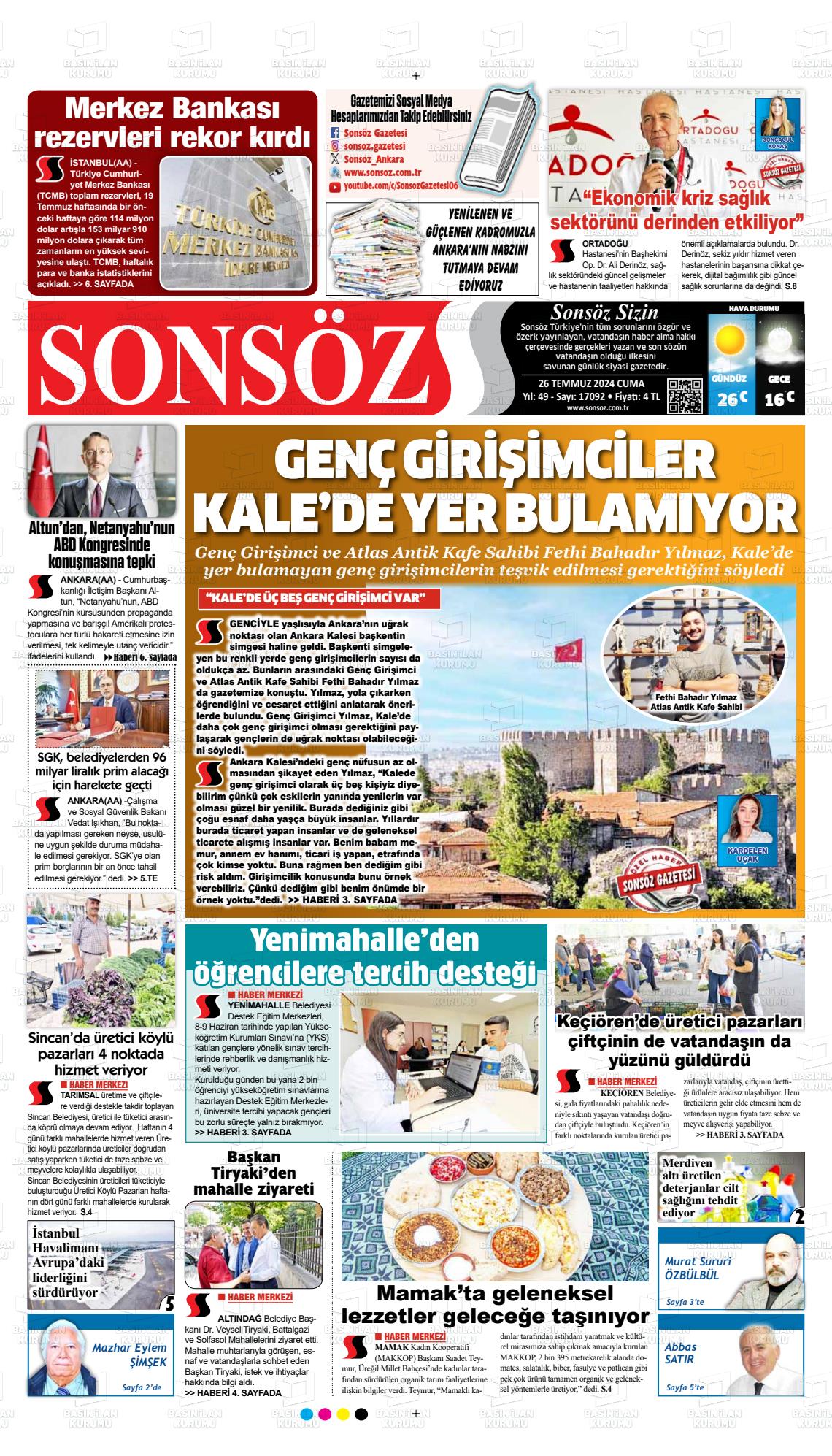 26 Temmuz 2024 Ankara Sonsöz Gazete Manşeti