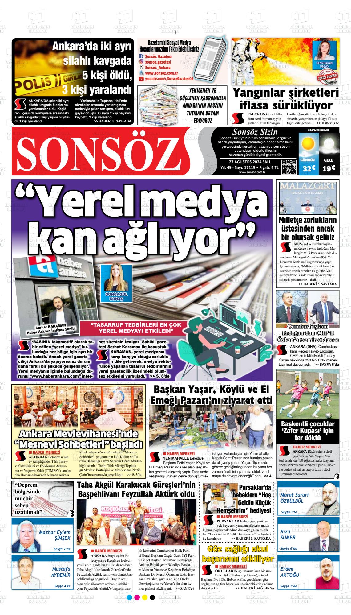 27 Ağustos 2024 Ankara Sonsöz Gazete Manşeti