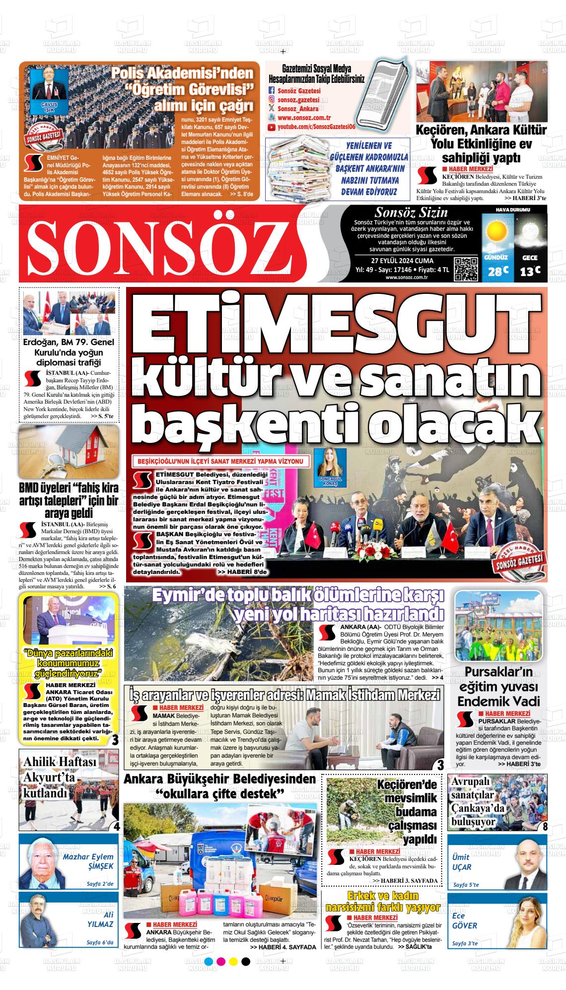 27 Eylül 2024 Ankara Sonsöz Gazete Manşeti