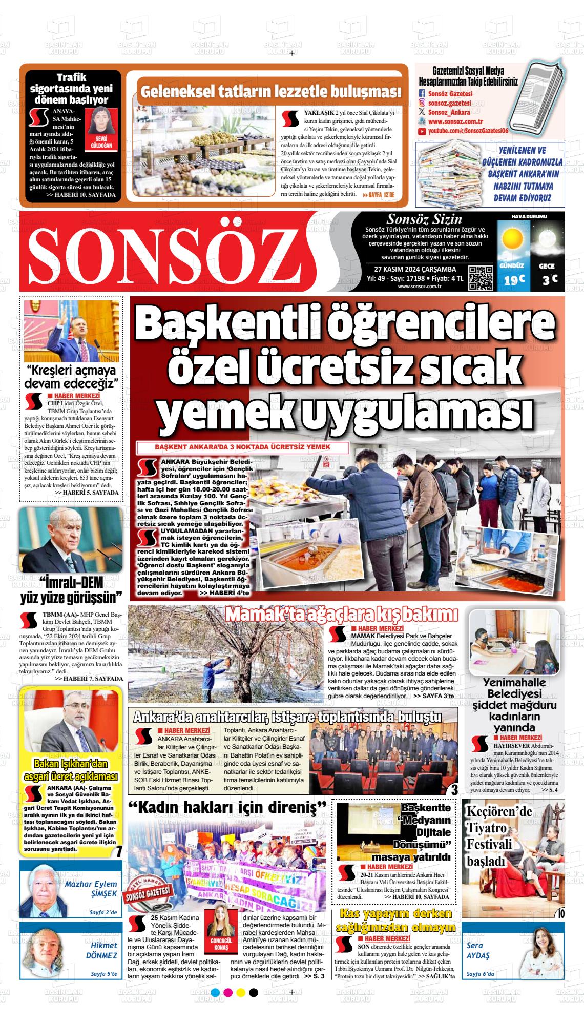 27 Kasım 2024 Ankara Sonsöz Gazete Manşeti