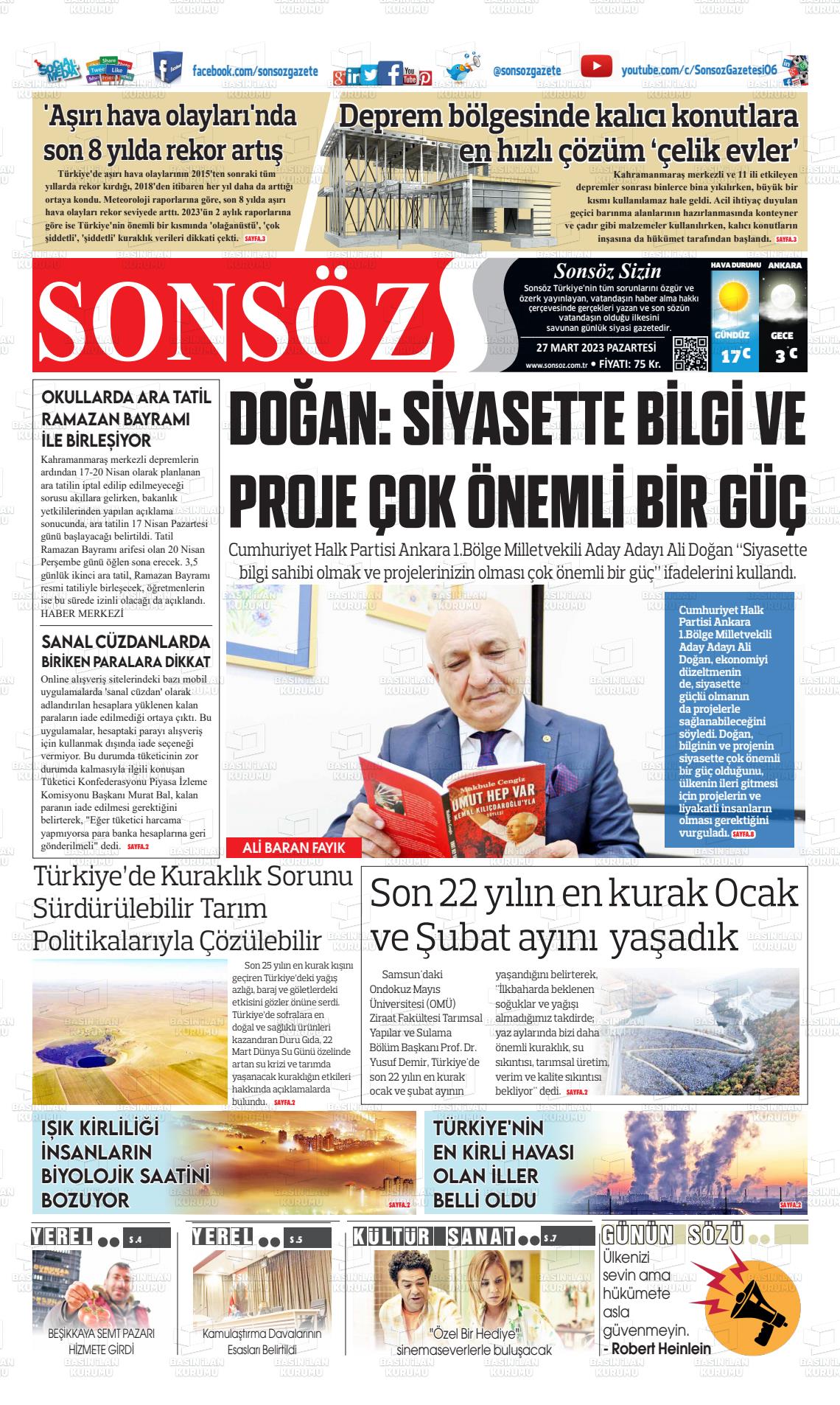 27 Mart 2023 Ankara Sonsöz Gazete Manşeti