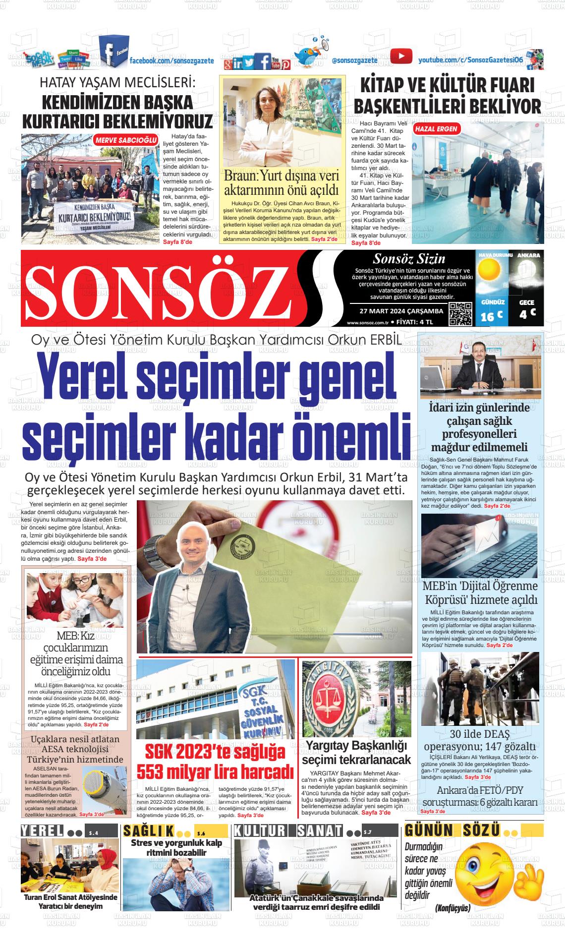 27 Mart 2024 Ankara Sonsöz Gazete Manşeti