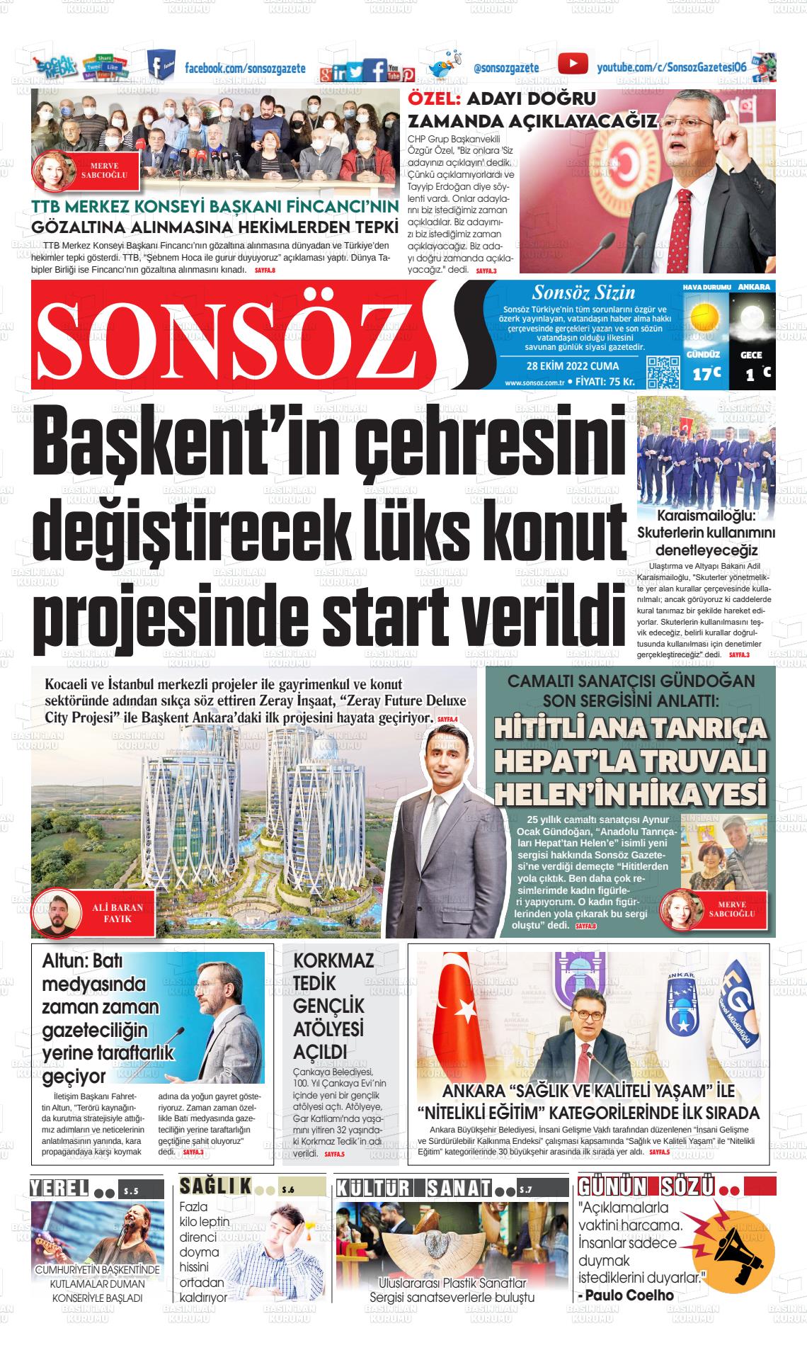 28 Ekim 2022 Ankara Sonsöz Gazete Manşeti