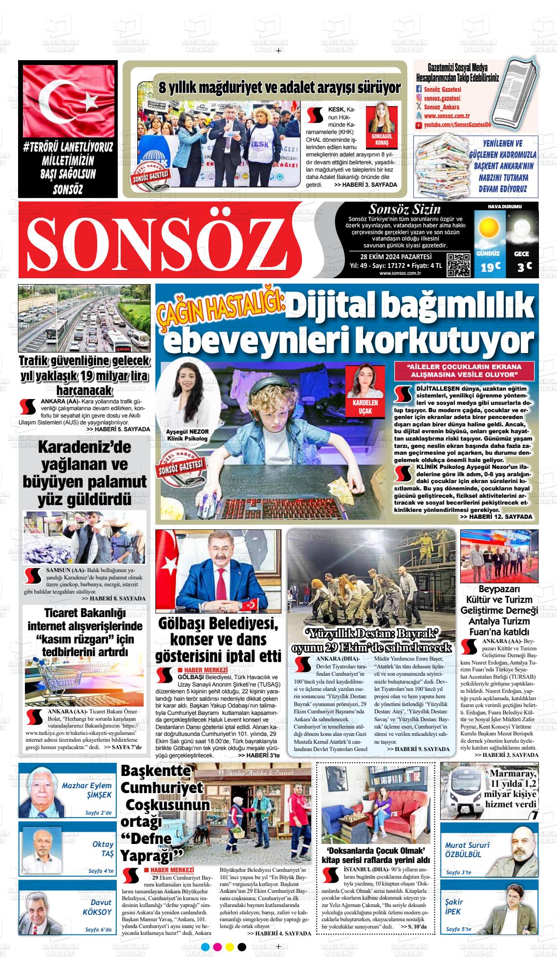 28 Ekim 2024 Ankara Sonsöz Gazete Manşeti