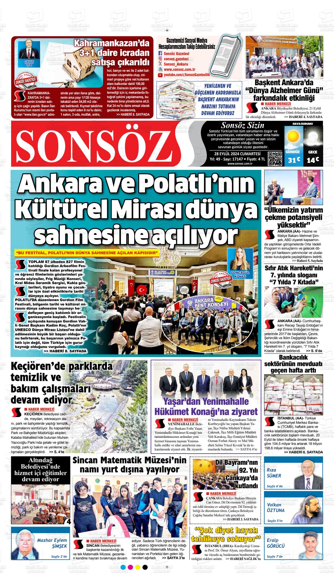 28 Eylül 2024 Ankara Sonsöz Gazete Manşeti