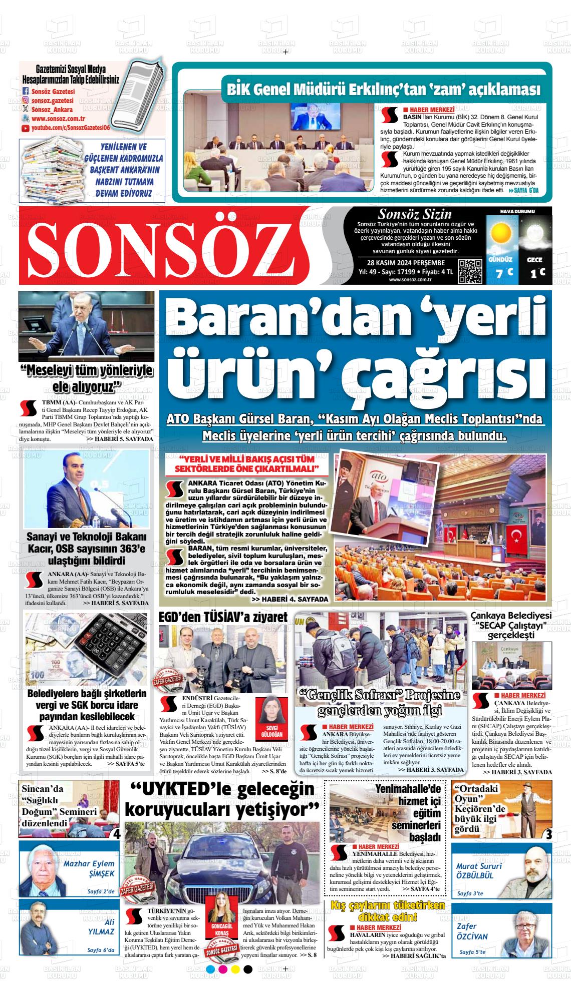 21 Aralık 2024 Ankara Sonsöz Gazete Manşeti