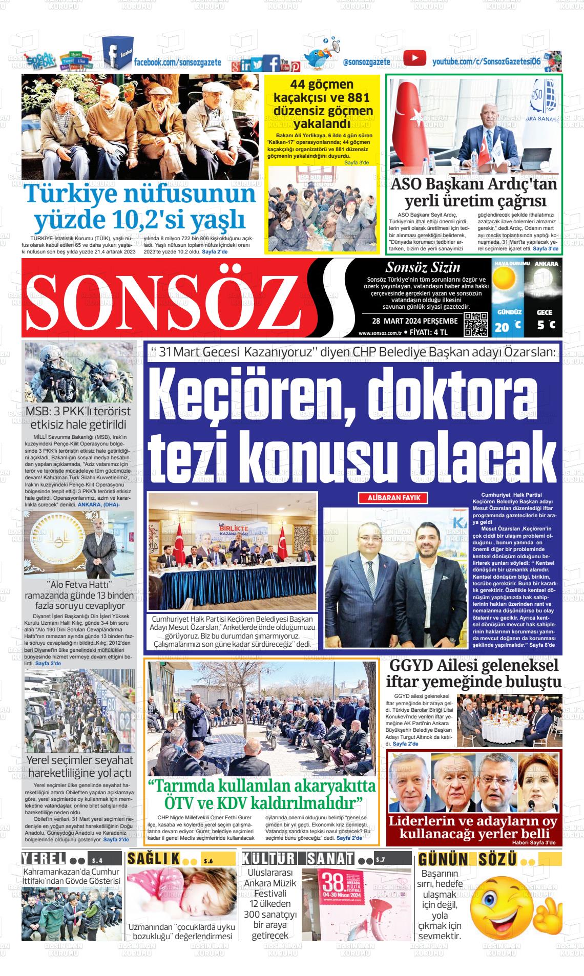 28 Mart 2024 Ankara Sonsöz Gazete Manşeti