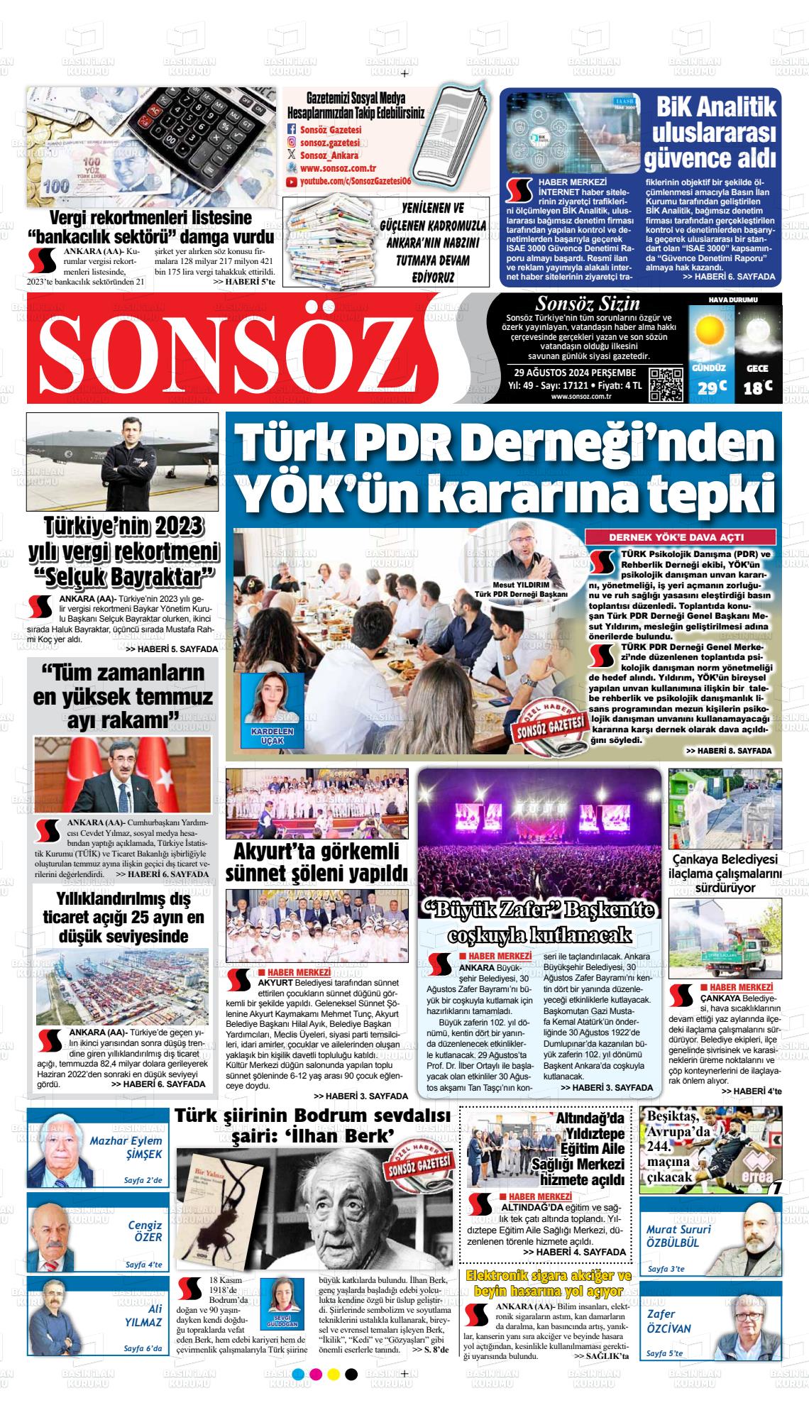 29 Ağustos 2024 Ankara Sonsöz Gazete Manşeti