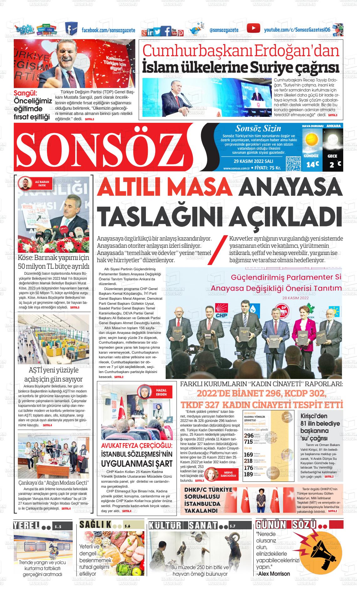 29 Kasım 2022 Ankara Sonsöz Gazete Manşeti