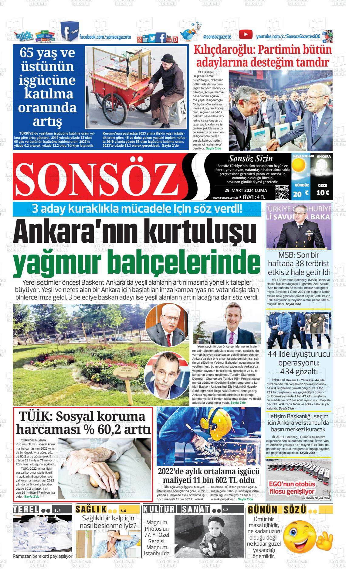 29 Mart 2024 Ankara Sonsöz Gazete Manşeti