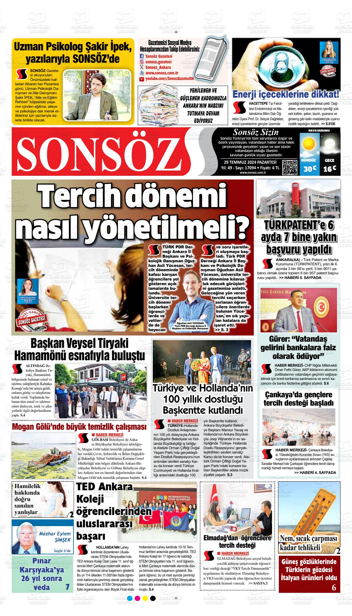 29 Temmuz 2024 Ankara Sonsöz Gazete Manşeti