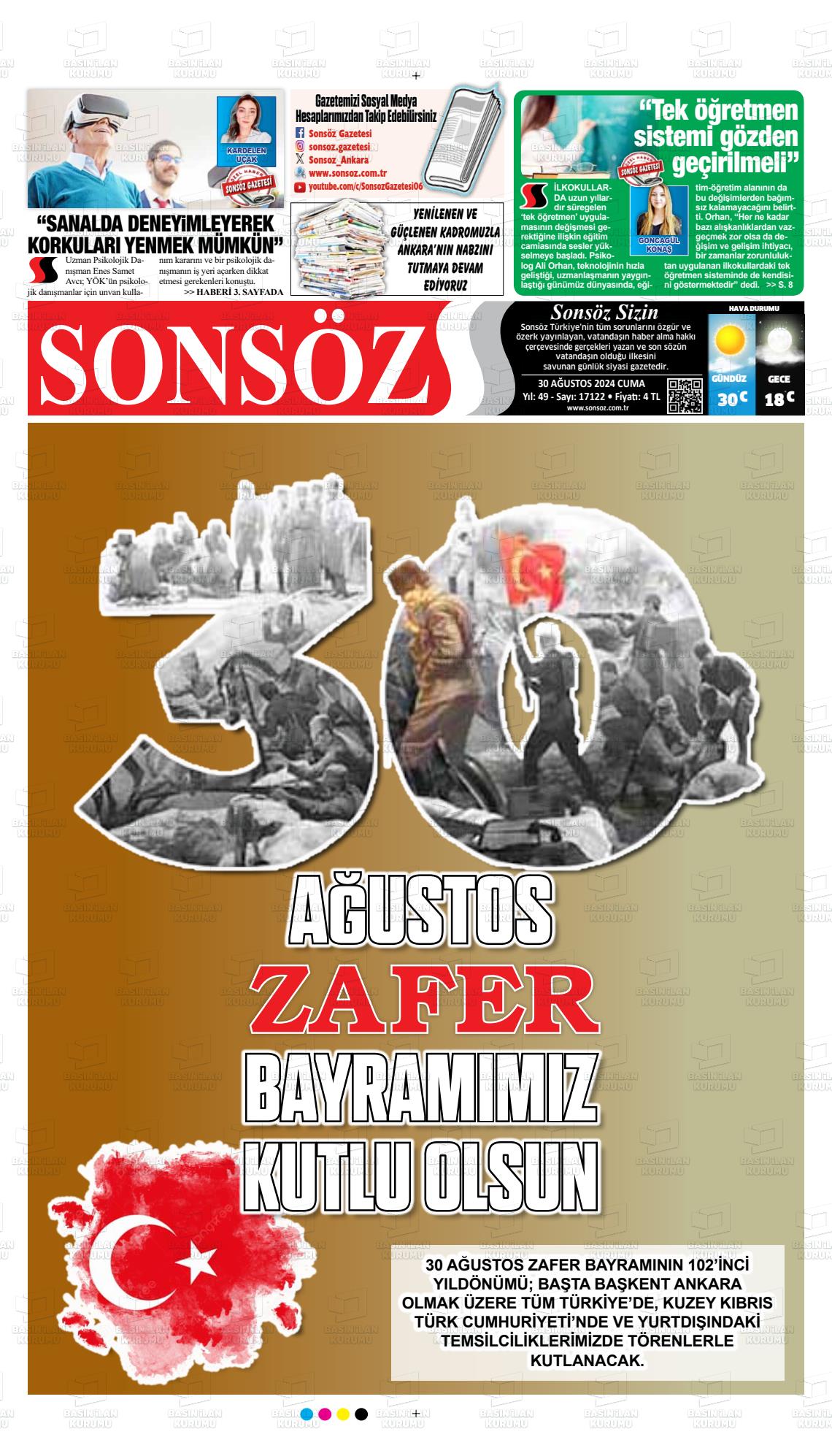 30 Ağustos 2024 Ankara Sonsöz Gazete Manşeti