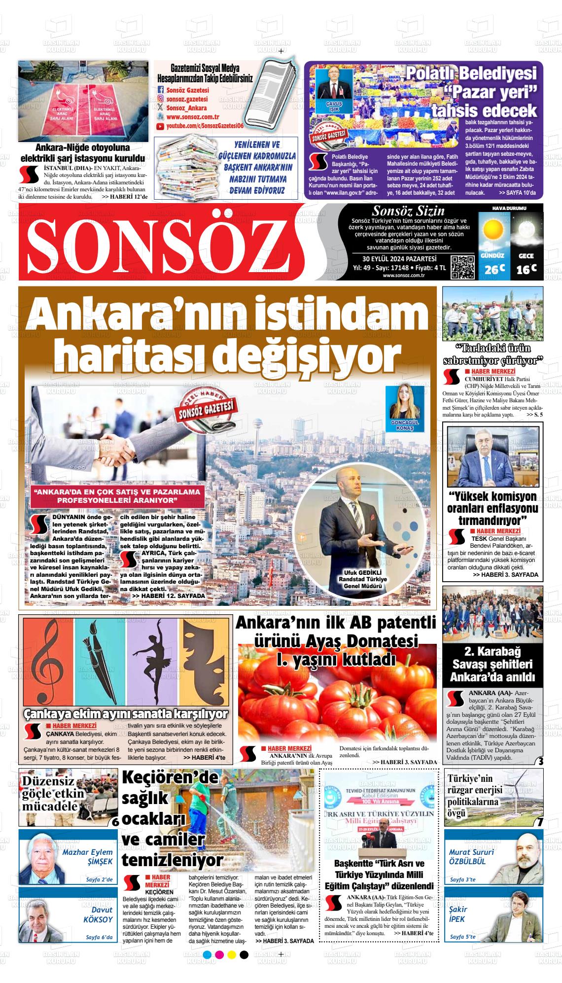 30 Eylül 2024 Ankara Sonsöz Gazete Manşeti