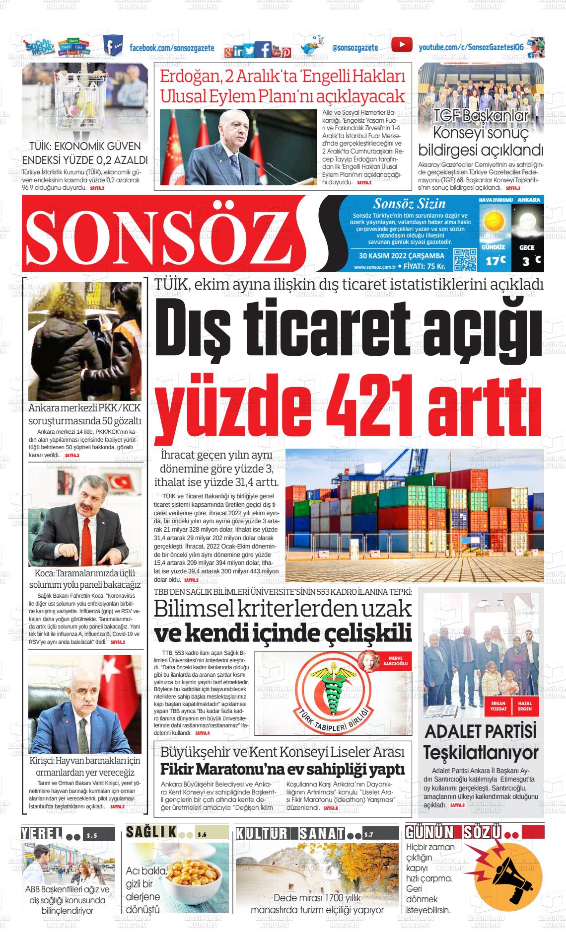 30 Kasım 2022 Ankara Sonsöz Gazete Manşeti